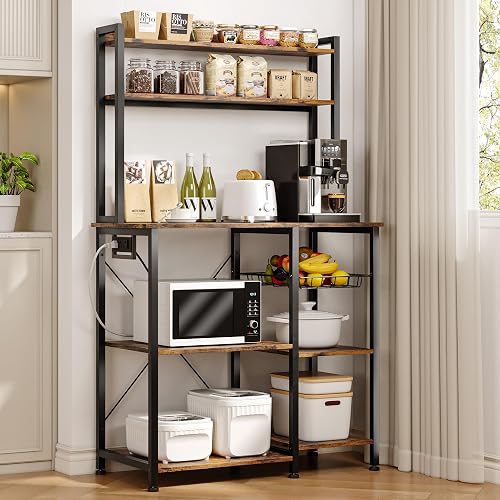 Einhomn Bakers Rack with Power Outlet, 35.4'' Coffee Bar with Wire Basket, Microwave Stand with Storage and Adjustable Feet, Versatile Kitchen Shelves for Pantry, Home Organization, Rustic Brown