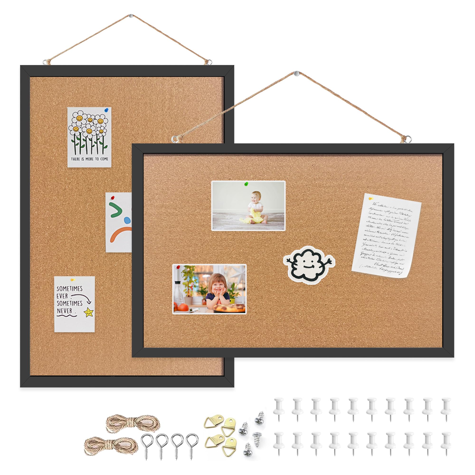 2-Pack 13.3"x17.8" Black Wood Framed Hanging Cork Bulletin Board
