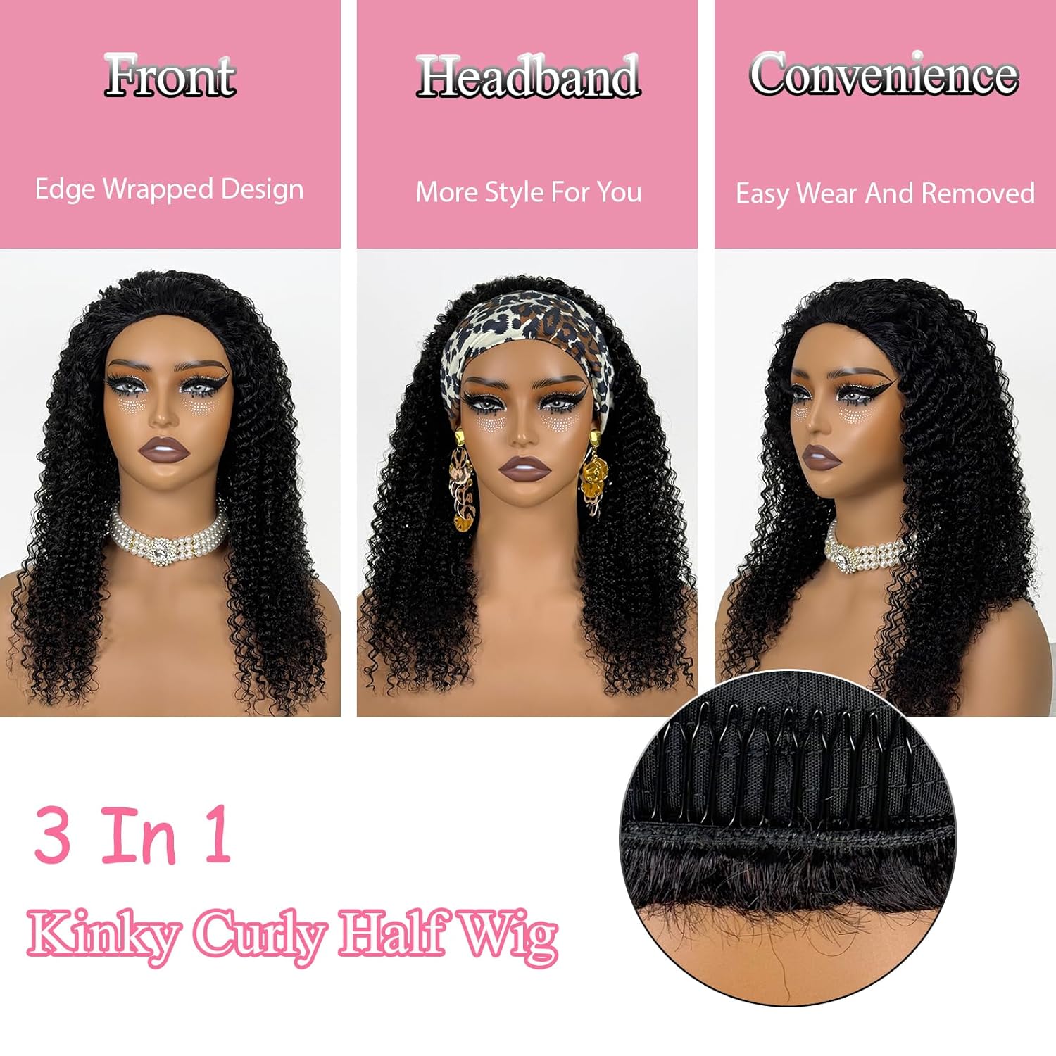 Afro Kinky Curly Human Hair Half Wig 200 Density, No Lace Front, 100% Virgin Human Hair 18 Inch, Thick Full Volume Clip in Natural Black for Daily & Party Use