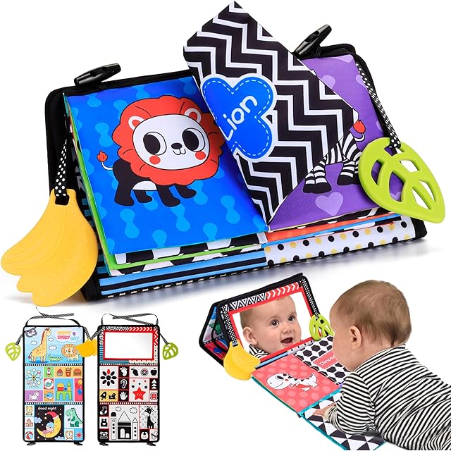 Sirecal Tummy Time Mirror Toys, High Contrast Baby Sensory Toys 0 6 Months Flip Mirror with Crinkle Cloth Book, Newborn Developmental Activity Montessori Toys for Infants Boys Girls Shower Gift