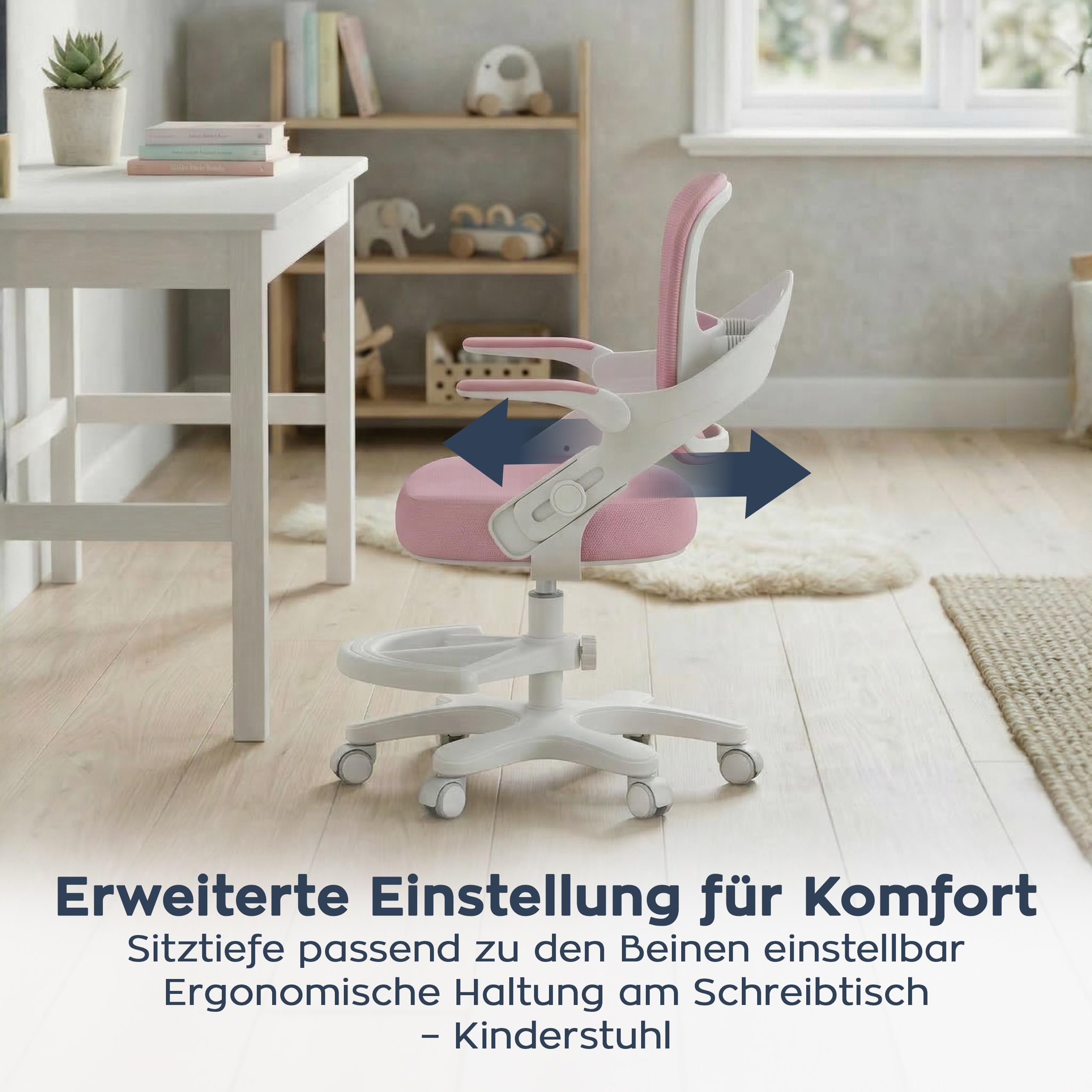 MARK ADLER Junior 4.3 Kinder Bürostuhl – Ergonomischer Kinderdrehstuhl | Mitwachsender Kinderstuhl 90–150 cm – Verstellbare Rückenlehne – Mit Fußstütze – Klappbare Armlehnen 0–90° - Rosa