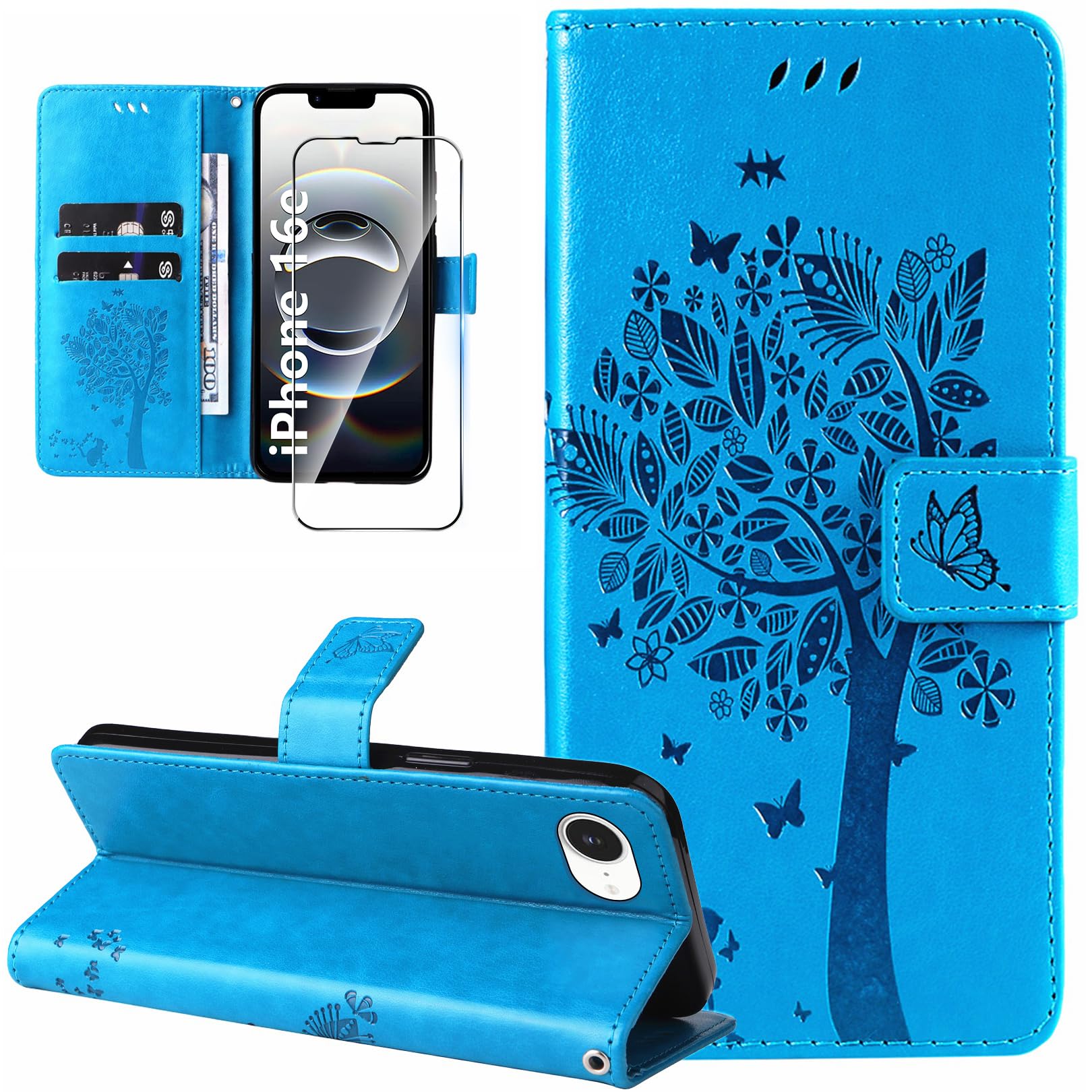 Huzhide Custodia A Portafoglio Per IPhone 16e 5G (2025) | Pelle PU Blu Con Slot Carte E Supporto | Antiurto Con Chiusura Magnetica