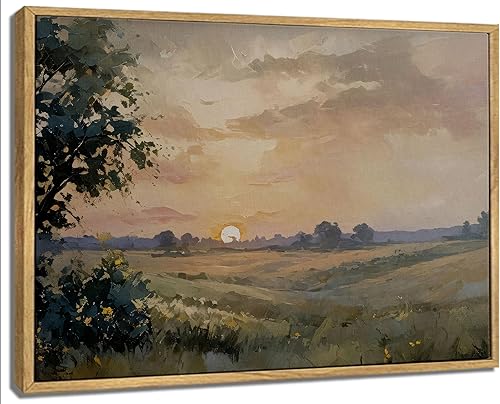 Lienzo enmarcado para pared, decoración vintage, álamos, puesta de sol, naturaleza, paisaje, pintura, imagen, decoración de pared, rústico,