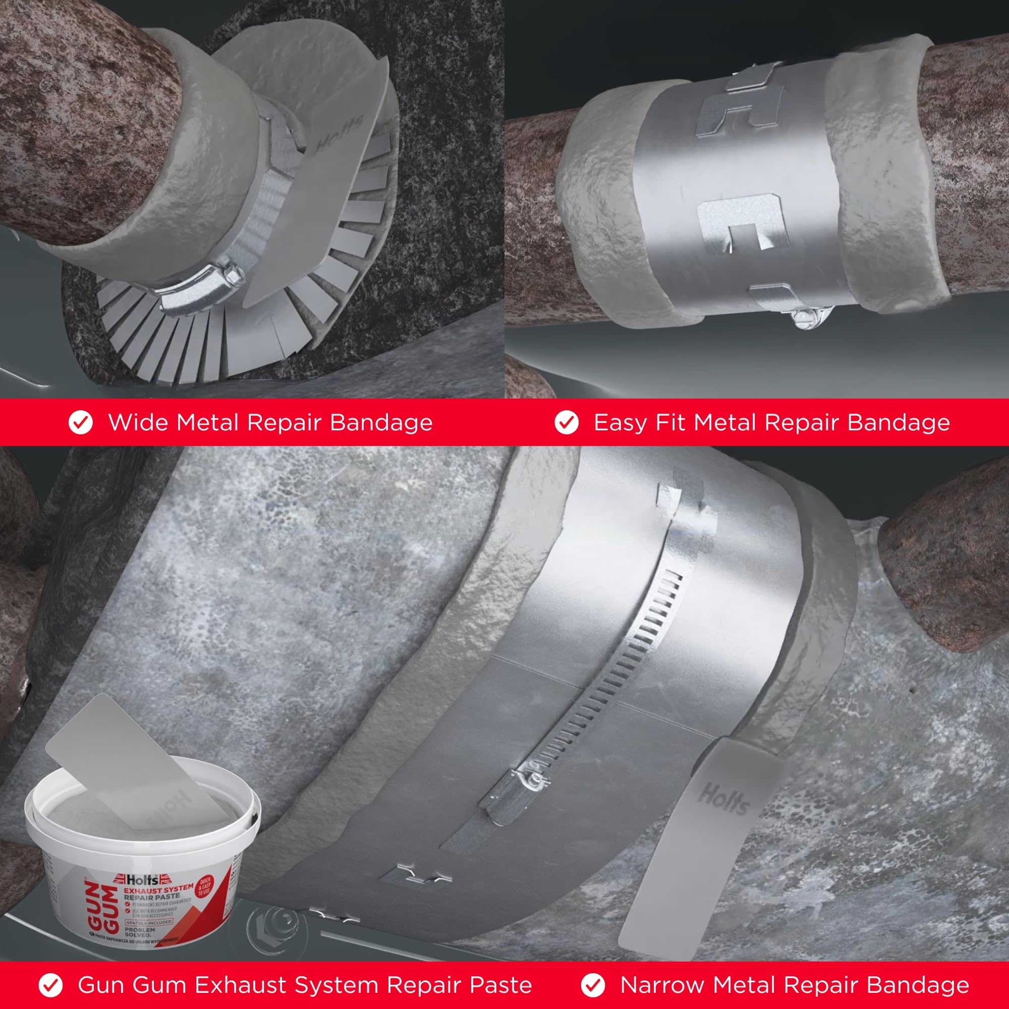 Holts Gun Gum Exhaust Repair Kit Permanent Gas-Tight Exhaust Fix Repair Paste + 3 Metal Bandages MOT Repair Solution — view 4
