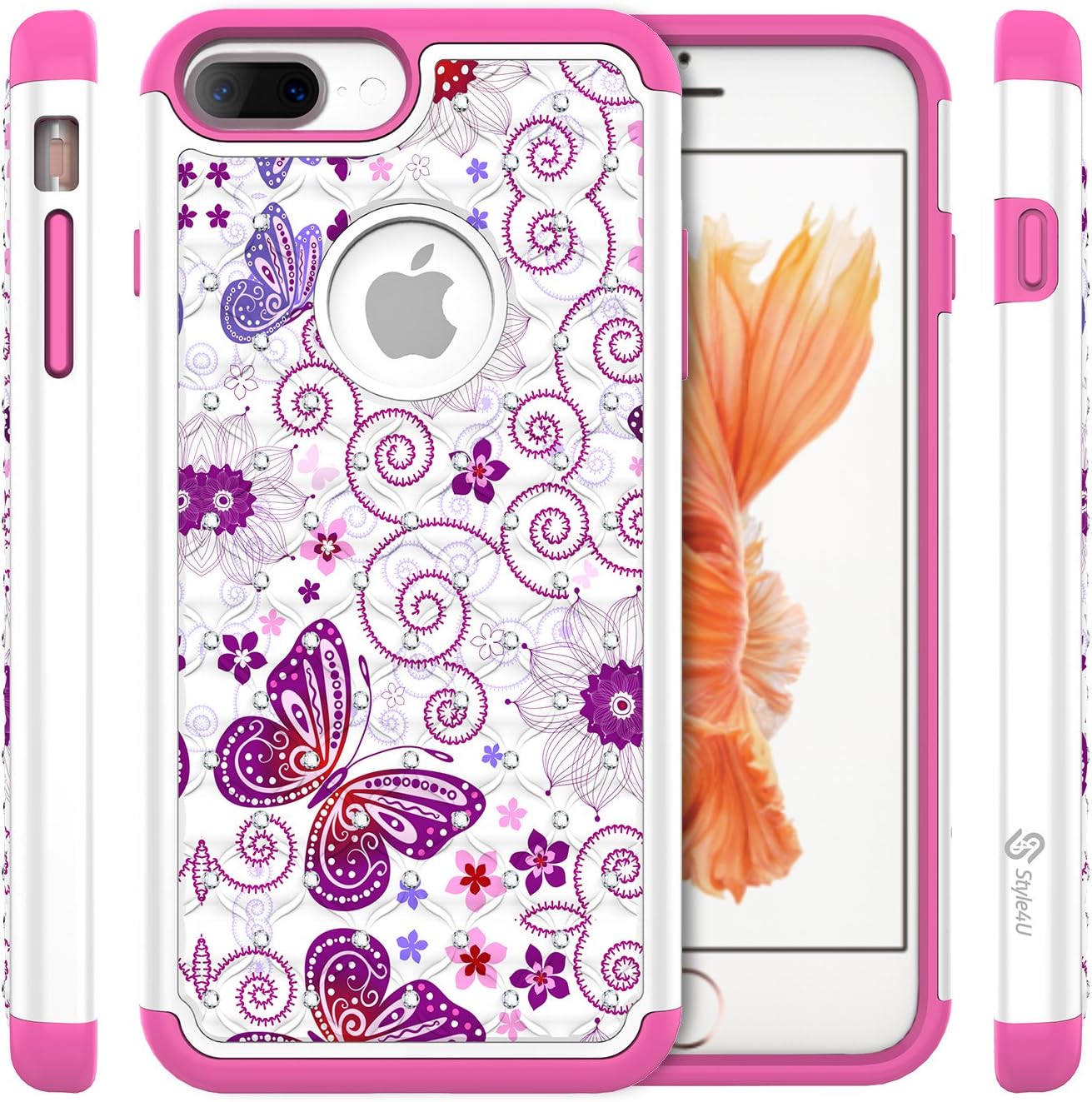 Style4U iPhone 8 Plus/iPhone 7 Plus Case, Beautiful Butterfly Shock Resistant Studded Rhinestone Crystal Bling Hybrid Armor Case Cover w/ 1 Stylus [White/Hot Pink]