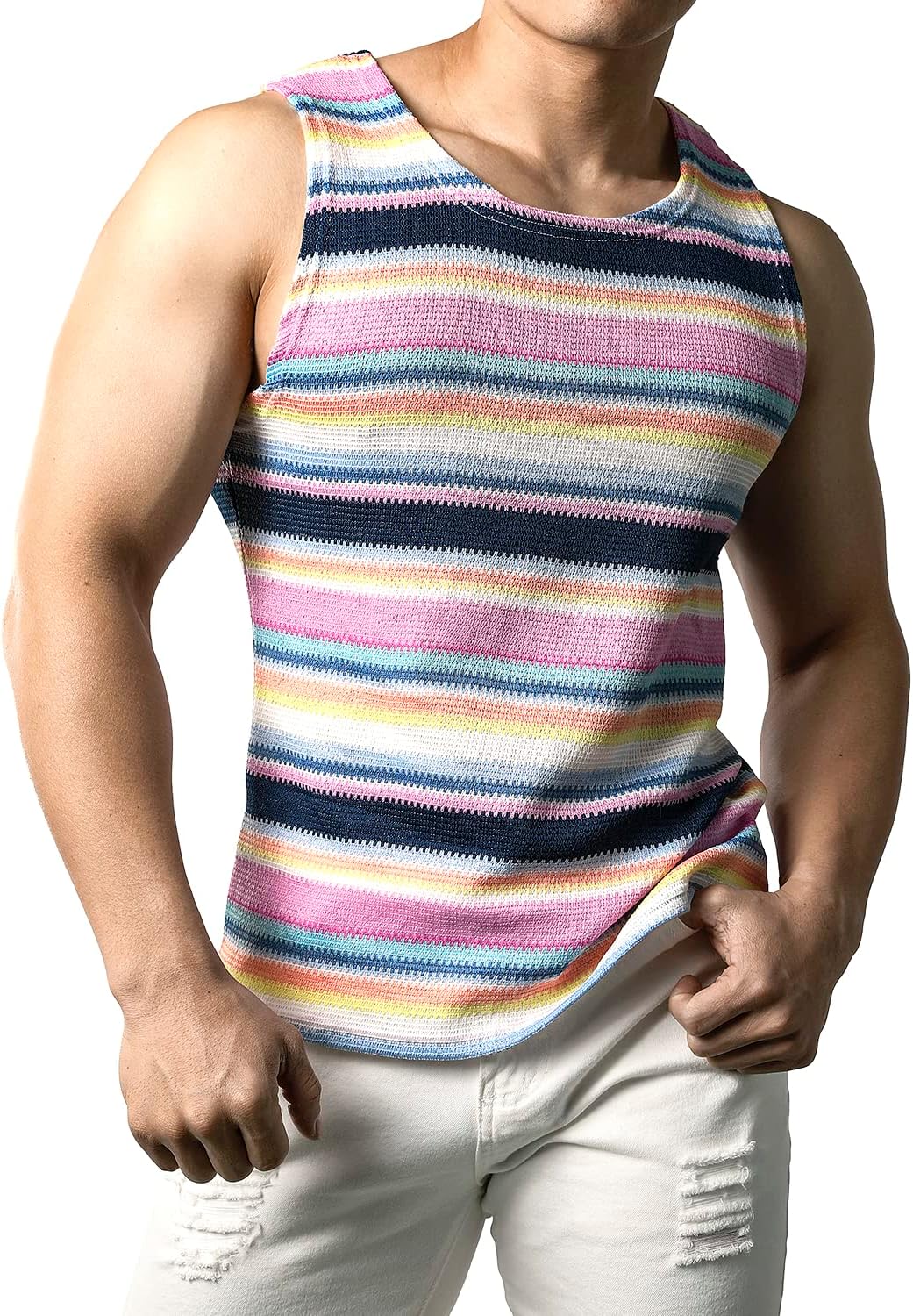 JOGAL Mens Rainbow Striped Sleeveless Shirts Multicolored Casual Tank Tops - Image 3