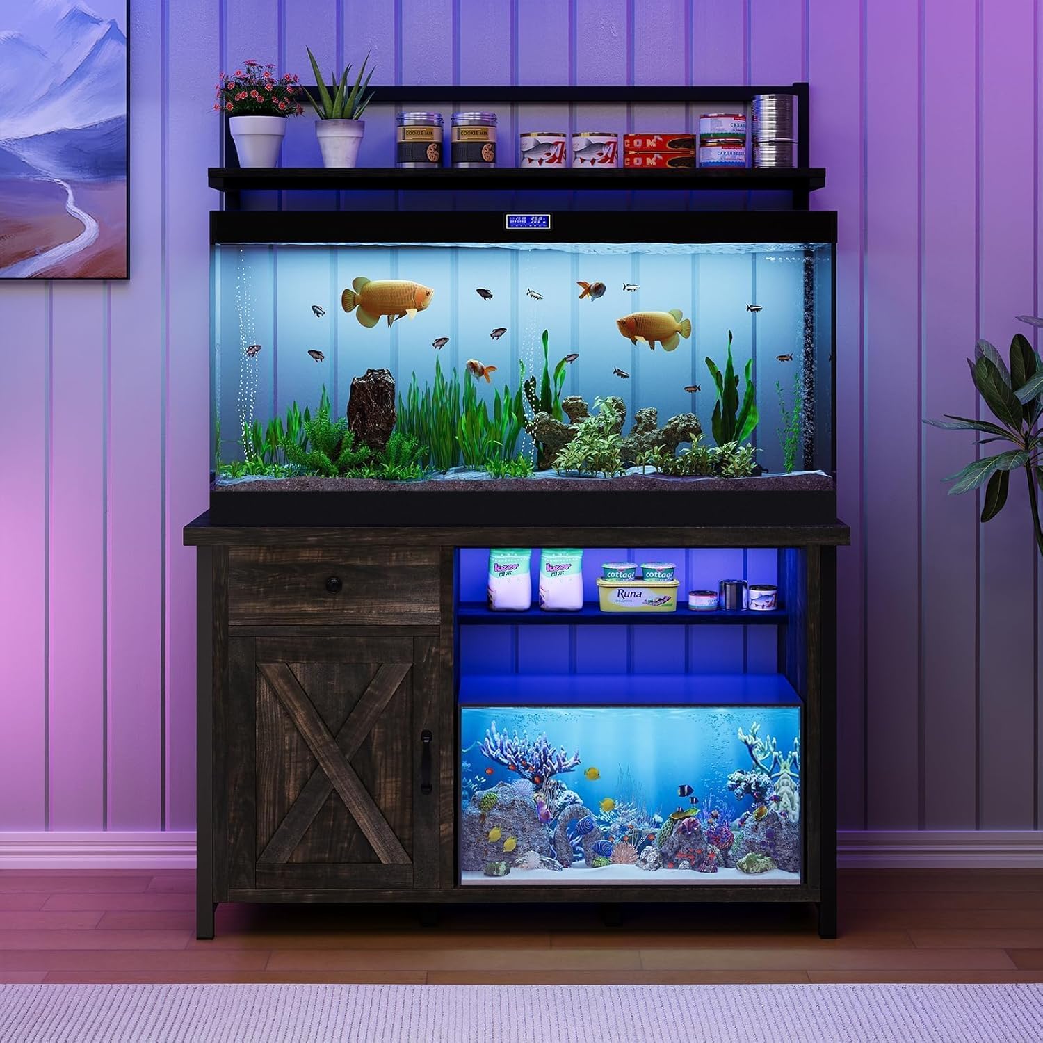 4ever2buy 55-75 Gallon Fish Tank Stand in Oak, emphasizing ample storage and high weight capacity.