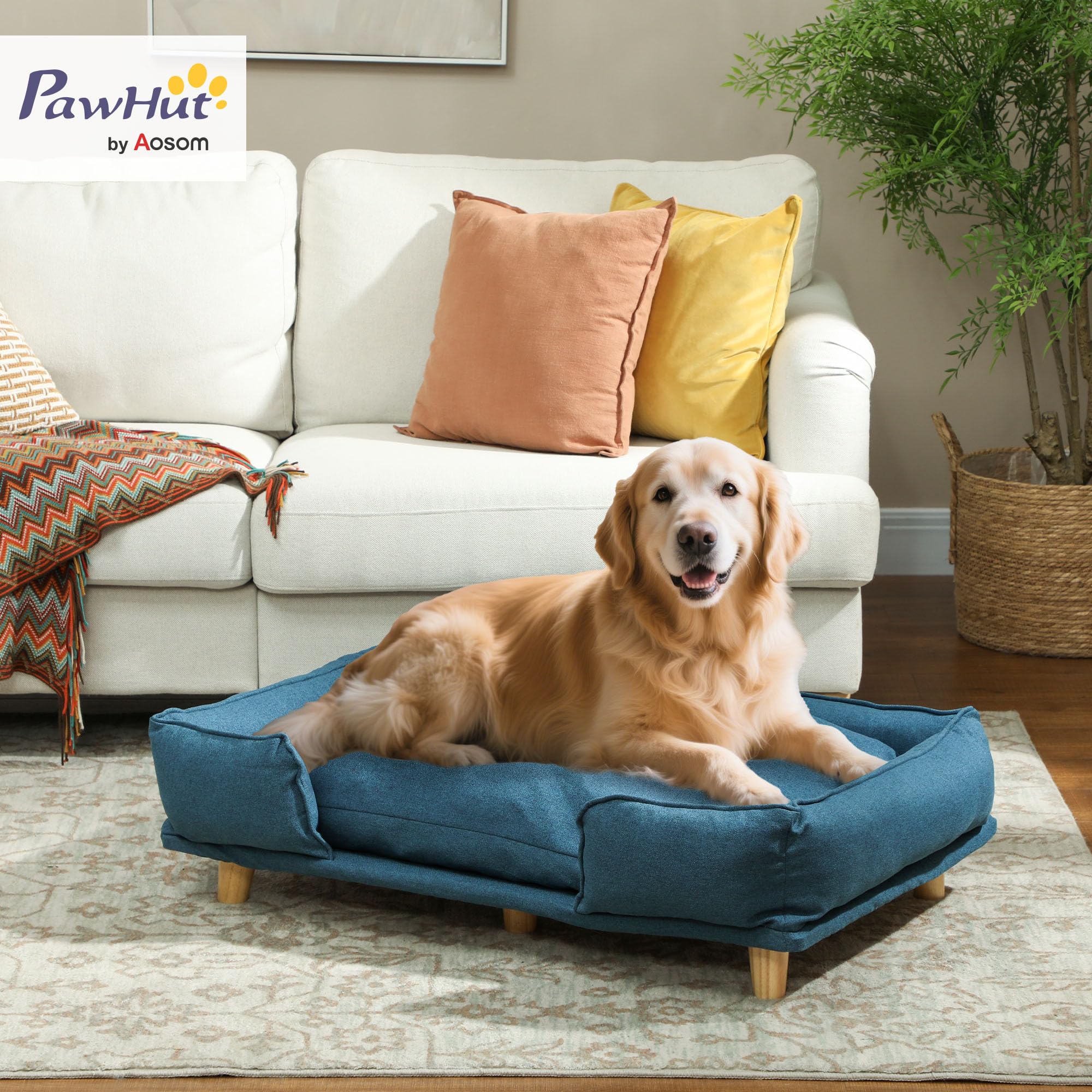 PawHut Cama Elevada para Perros Grandes 96x66x24 cm Cojín Lavable Patas de Madera 30 kg Azul