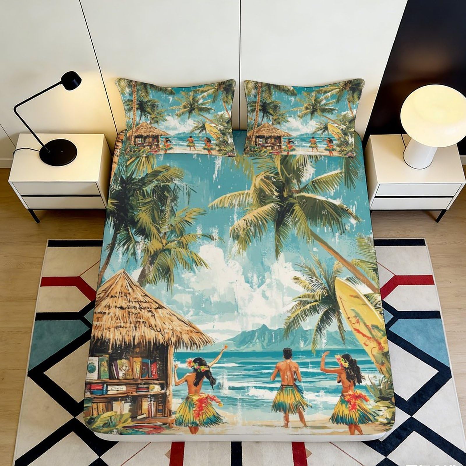 Tropical decor 3D Printed Fitted Sheet Microfiber soft touch, wrinkle resistant, guest room bedding, palm hut beach theme, anti-slip, dustproof 90x200x25cm