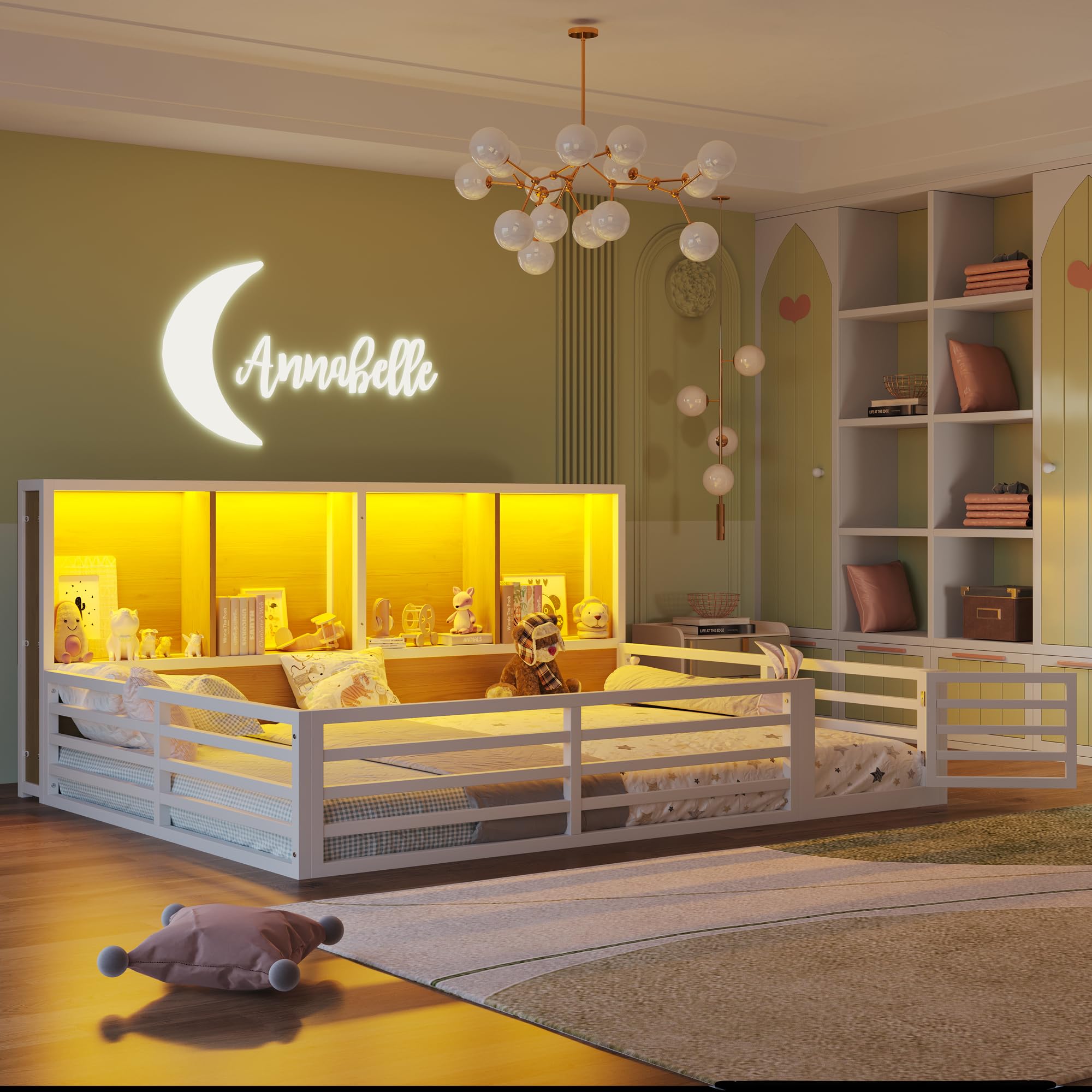 Montessori - Cama infantil (140 x 200 cm, con protección anticaída y somier, cama de casa con 4 compartimentos de almacenamiento, iluminación LED y puerta), color blanco, 140 x 200 cm