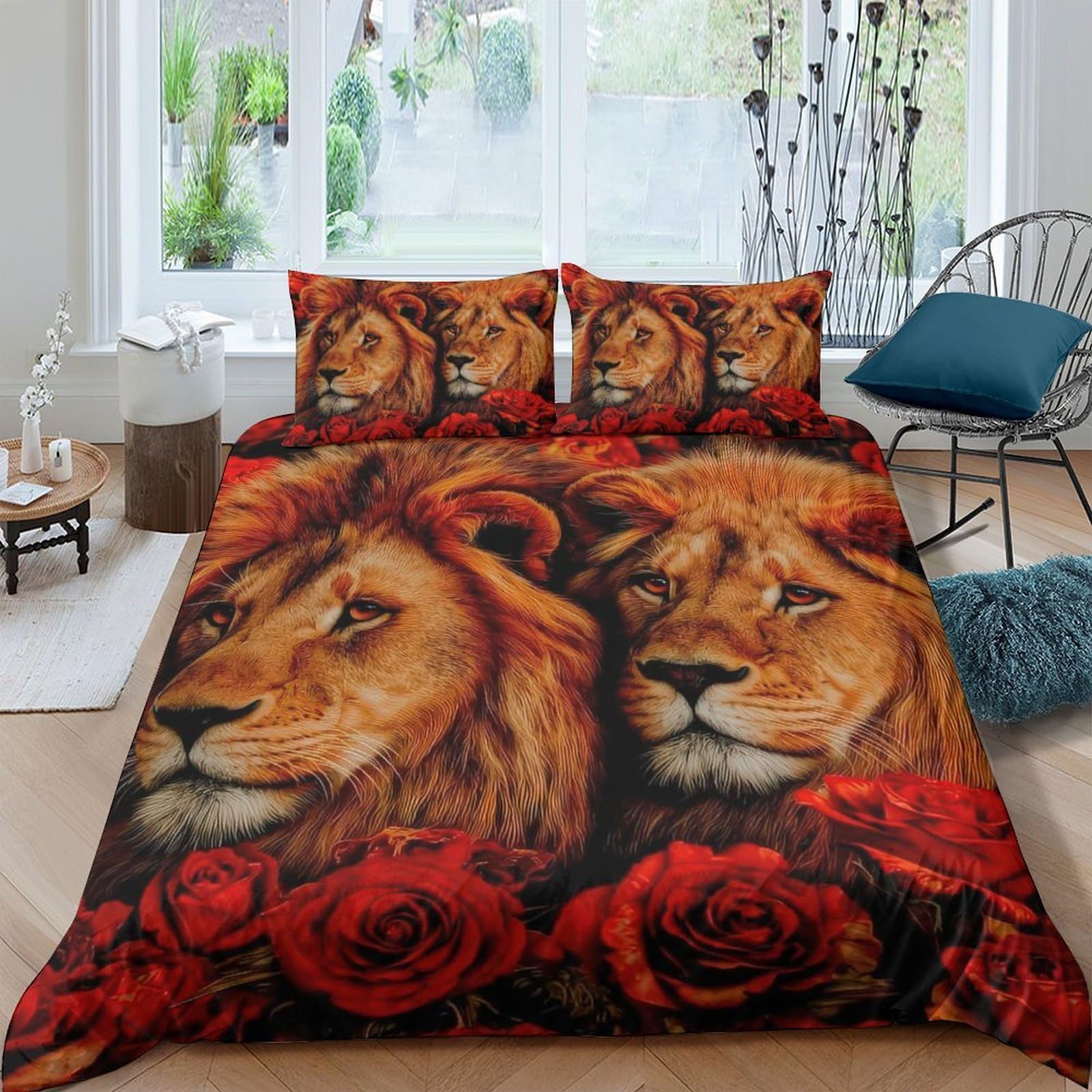3D Printed Lion Rose Duvet Cover Microfiber Soft Breathable Bedding Set with 2 Pillowcases for Bedroom Decor Single（135x200cm）