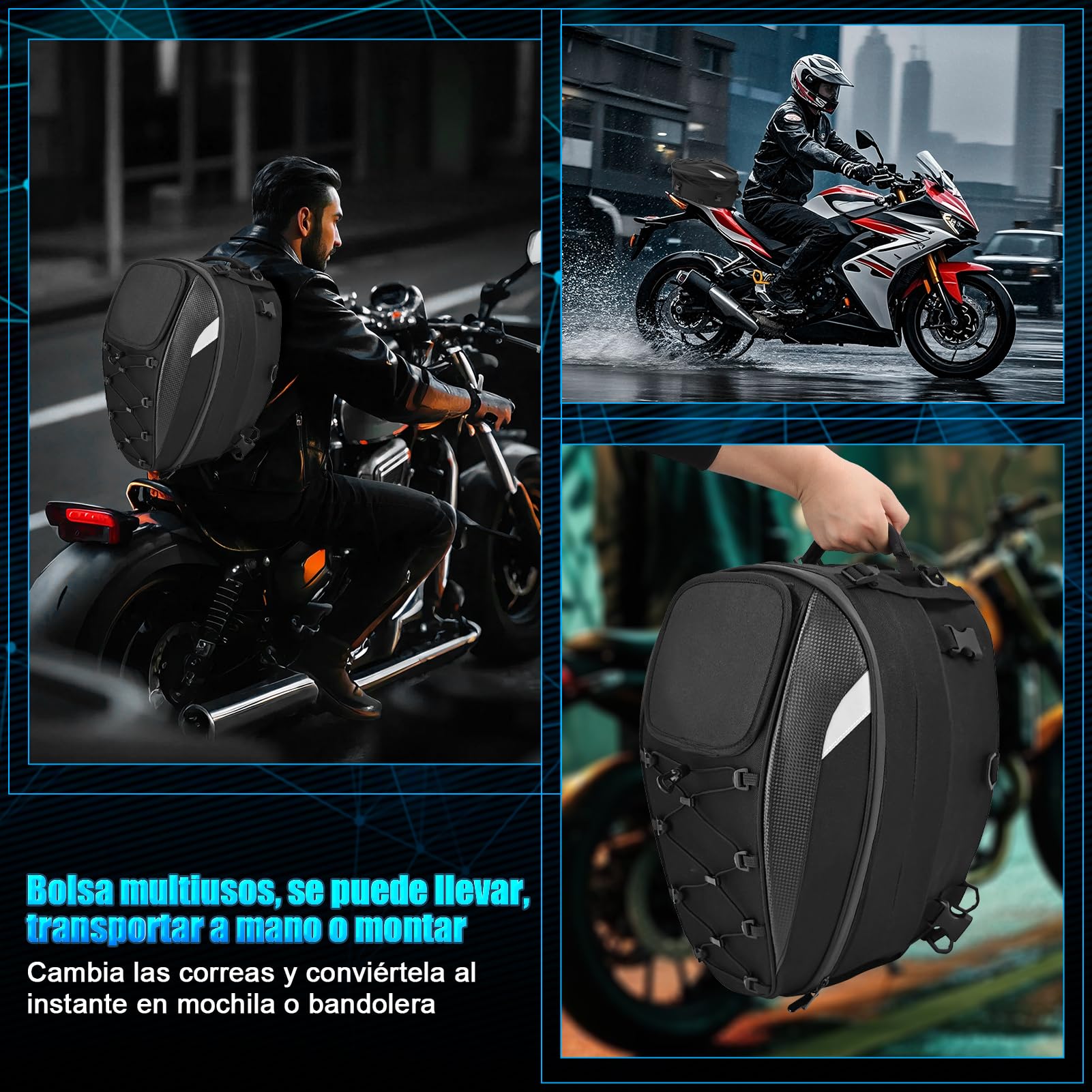 Mochila de 45L de tela Oxford para motocicleta, bolsa de casco resistente al agua con bolsillo de malla elástica y correa para el hombro para motocicleta, para guardar guantes, ropa y otros