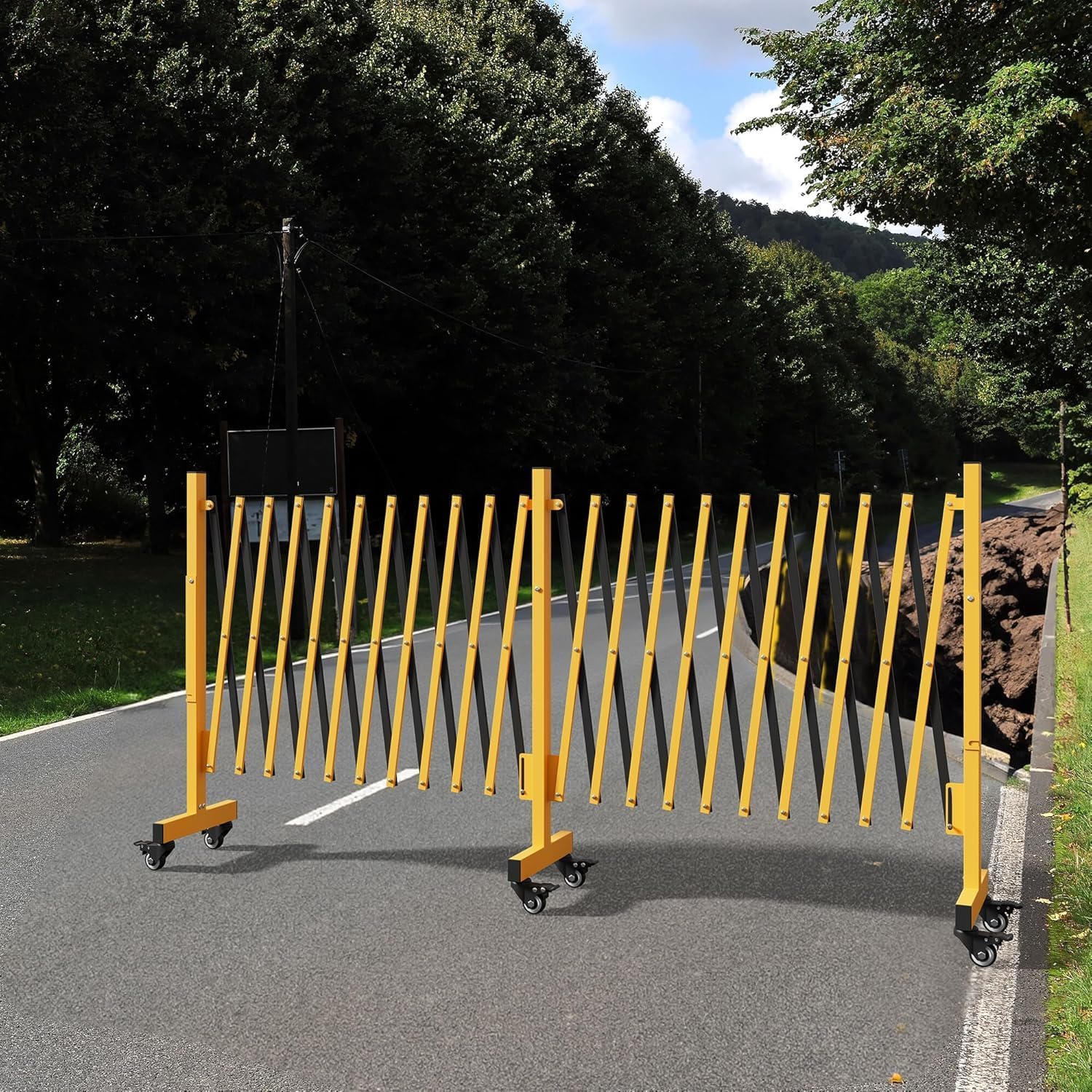 Garvee Barrera de seguridad extensible de metal, puerta plegable con ruedas, control de acceso y circulación, uso industrial y astilleros, instalación portátil, L: 488 cm, altura: 103 cm