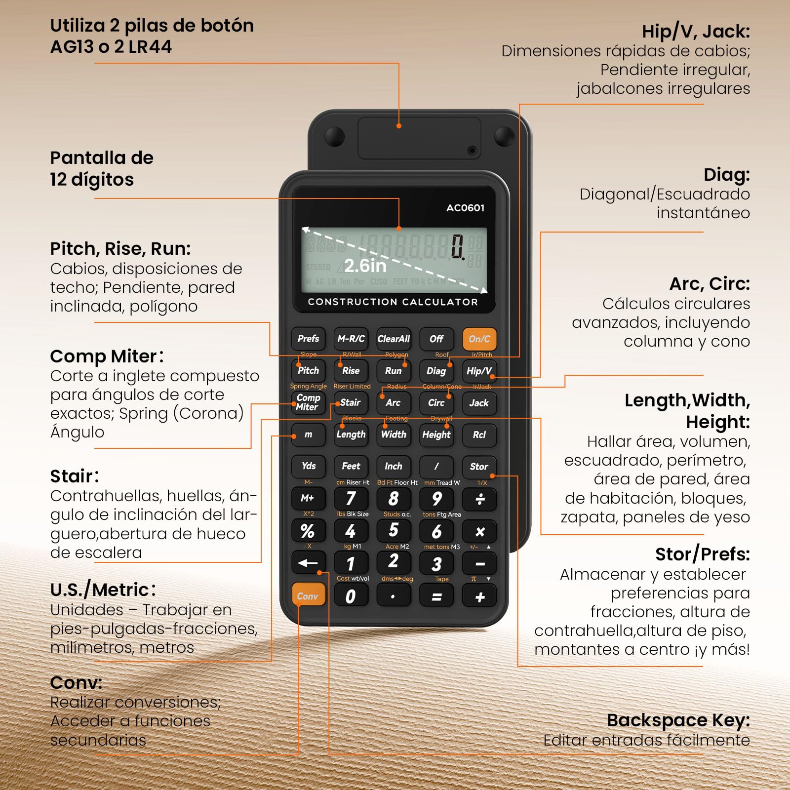 Calculadora de construcción de Escritura Industrial y científica ROATEE calculadora de ingeniería para contratistas, calculadoras de Bolsillo de pies-Pulgadas-fracción de hormigón para (Azul Oscuro)