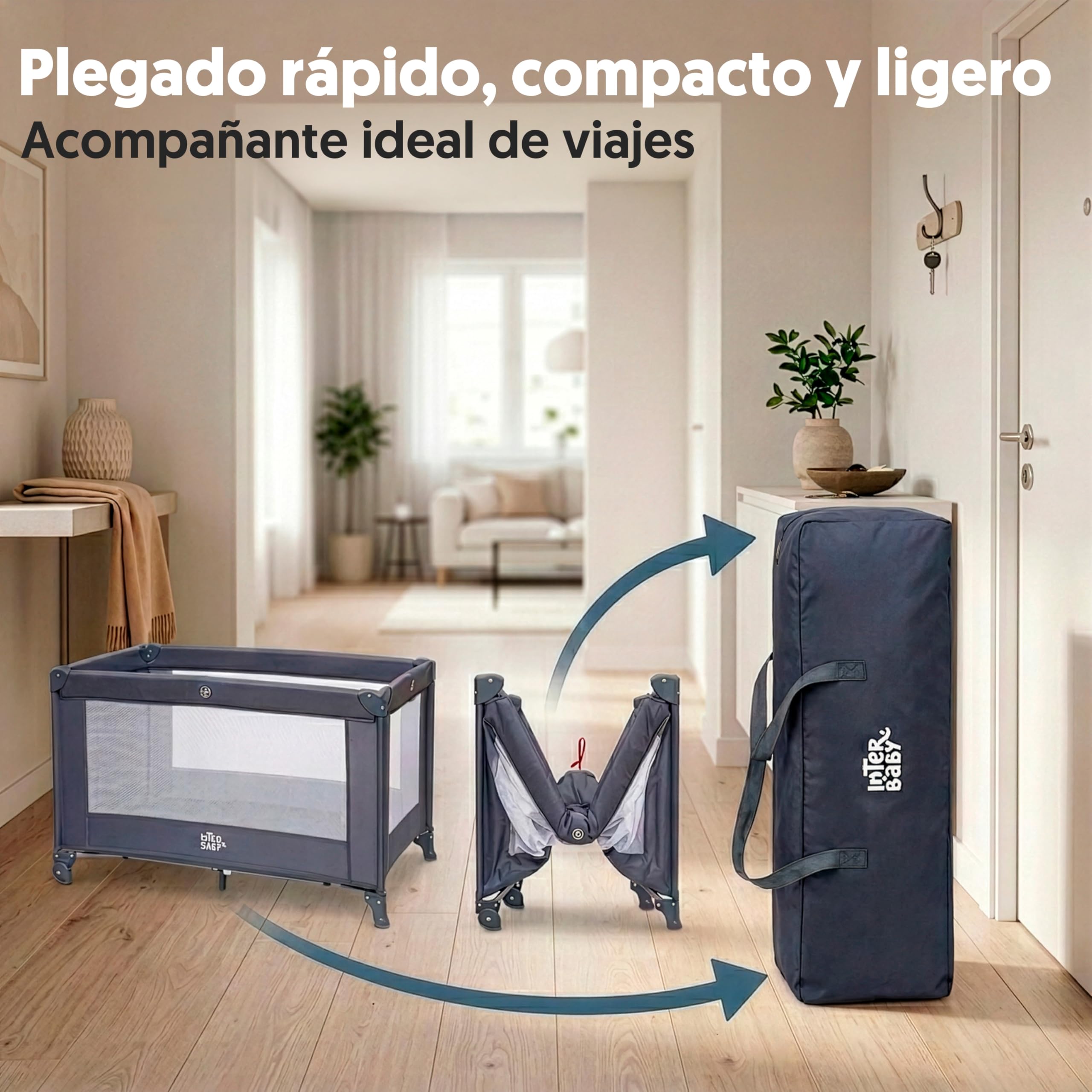 Interbaby - Cuna de Viaje Bebé Plegable con Ruedas y Bolsa de Transporte, Parque Cuna 2 en 1, Ligera y Compacta, Malla Transpirable, Compatible 120x60 cm, Desde Nacimiento hasta 3 Años (15 kg) (Gris)