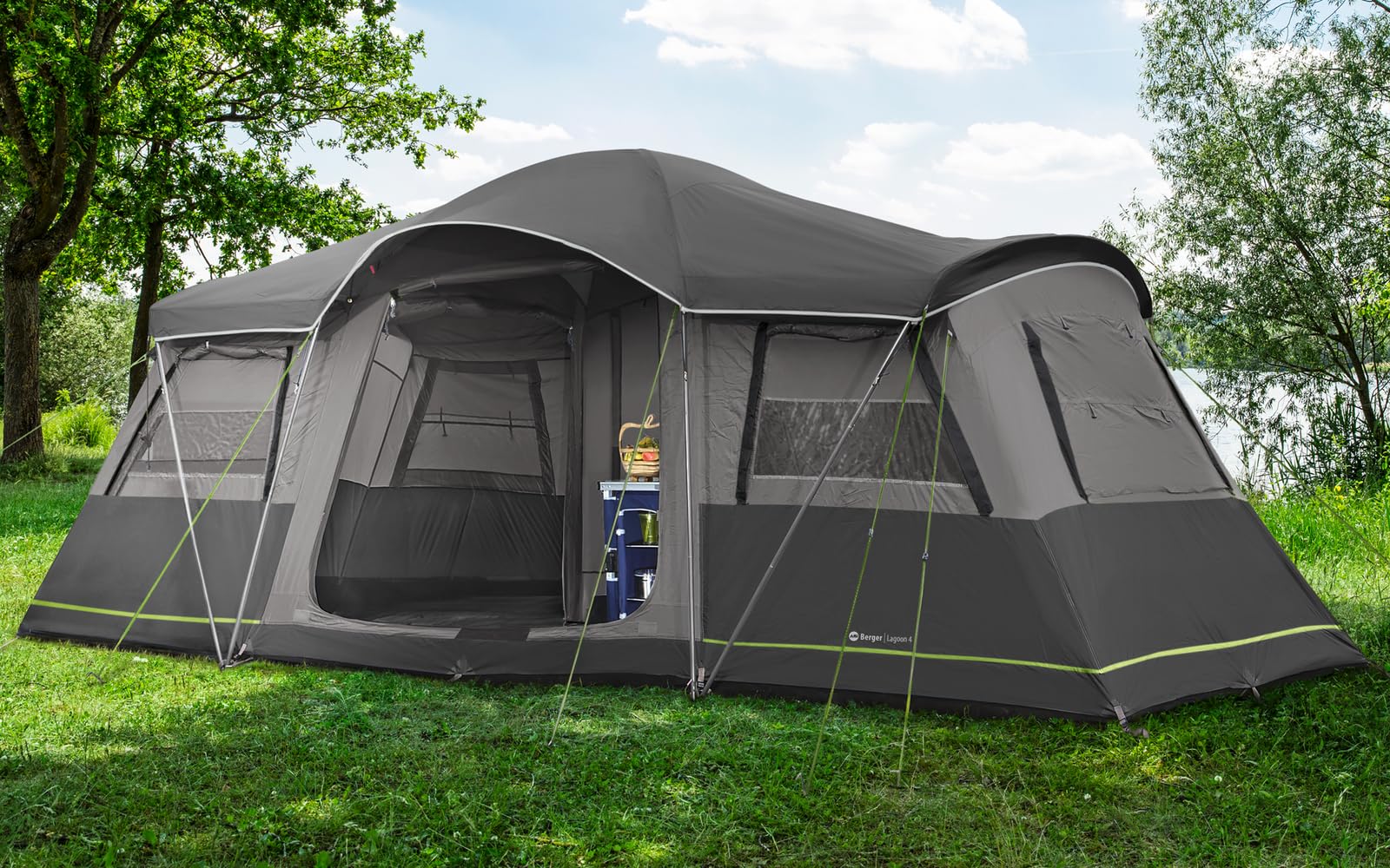 BERGER Lagoon Familienzelt 4 Personen | Geräumiges Campingzelt mit 2 Eingängen & Sonnendach | Tunnelzelt wasserdicht mit Moskitonetz & festem Boden | Komfortables Zelt perfekt für Camping
