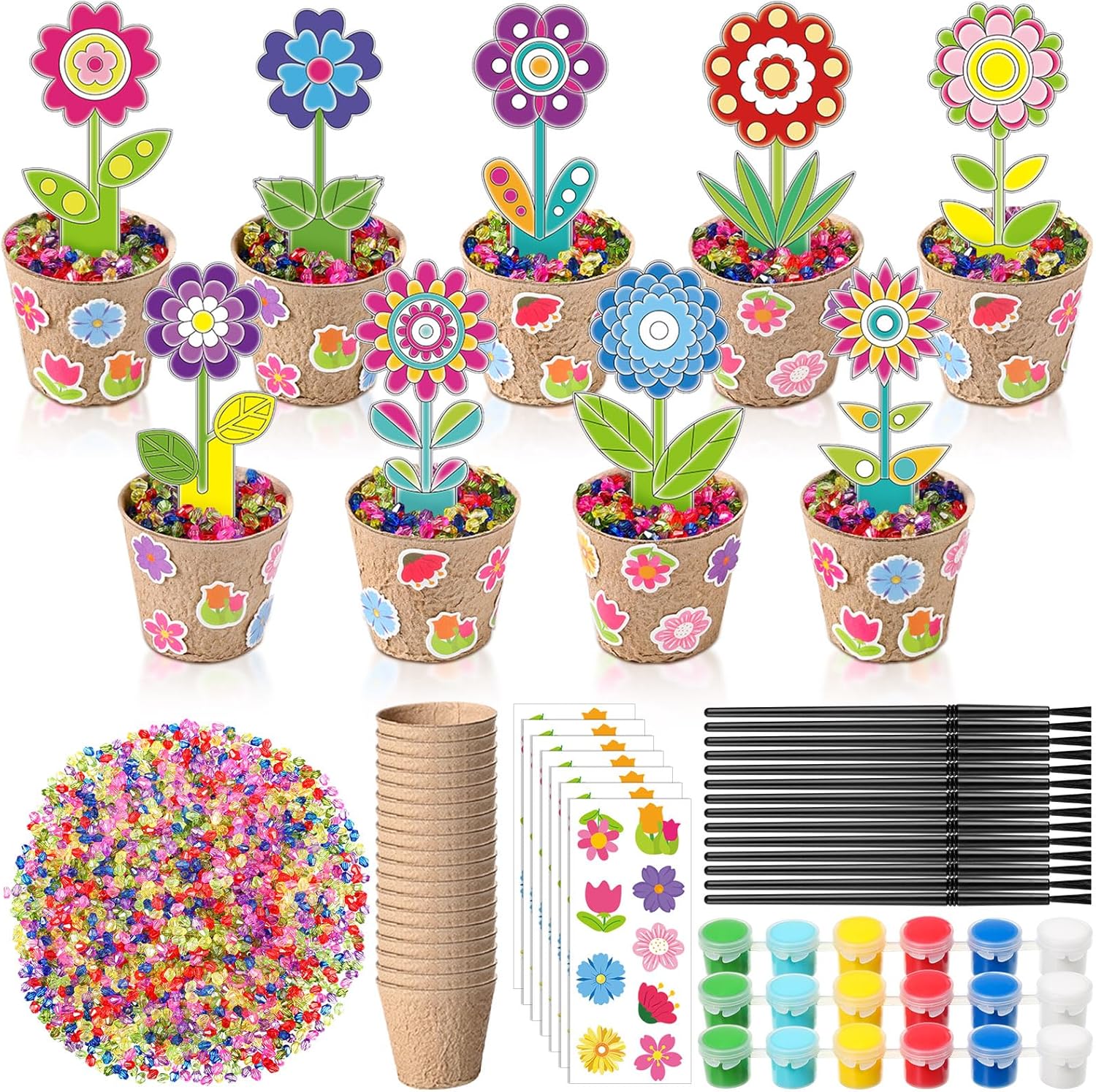 Pasimy 18 Sets Spring Flower Crafts Kits Bulk Flower Pot Suncatchers DIY Color Your Own Floral Activities Arts Decorations with Paper Pot Stickers Beads for Classroom Mother's Day Birthday Gifts