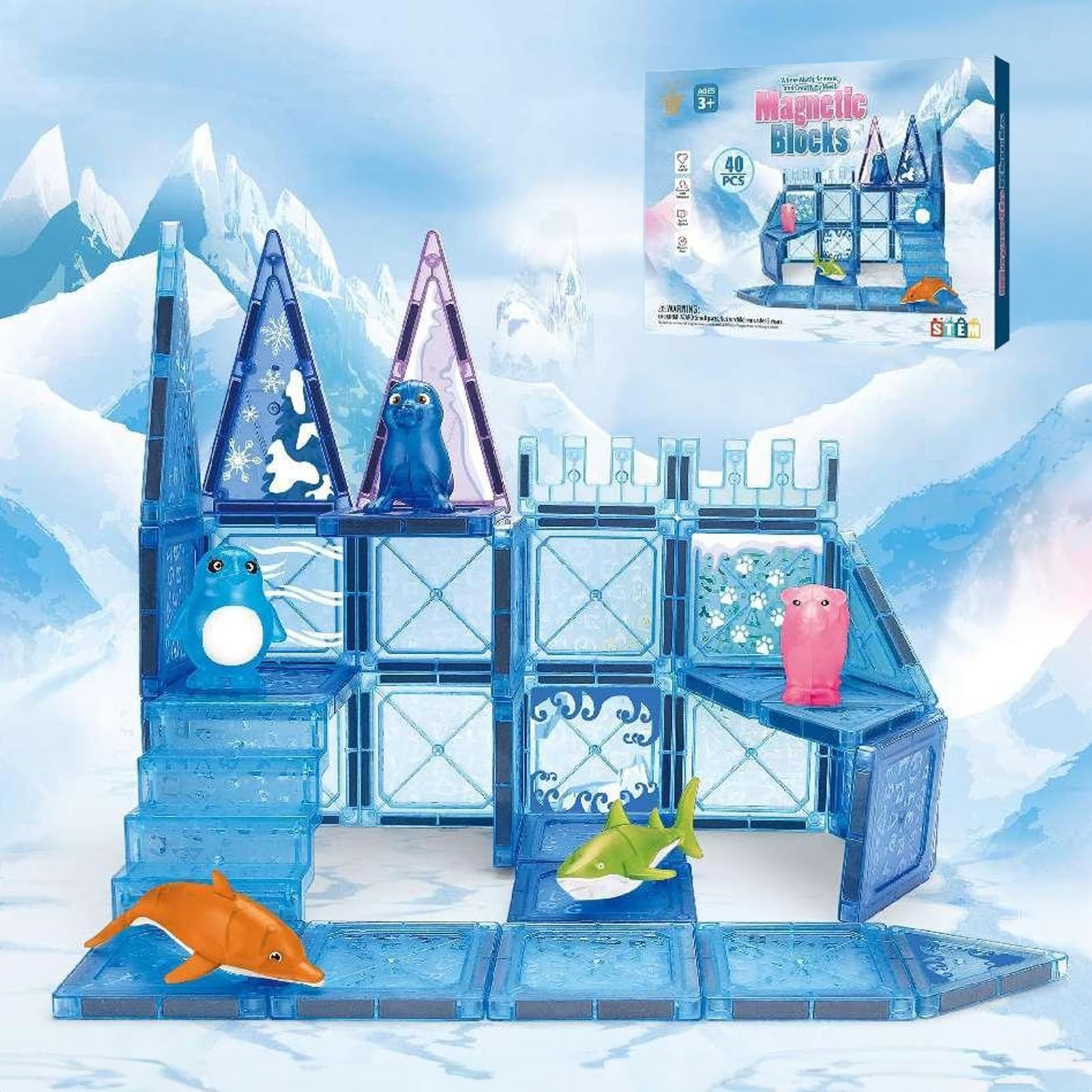 ELX Magnetic Tiles for Toddlers Kids 3-5,40PCS Ocean Animals Mini Magnet Building Blocks Toys,STEM Learning Magnetic Toys for Boys and Girls Ages 4-8,Christmas Birthday Present