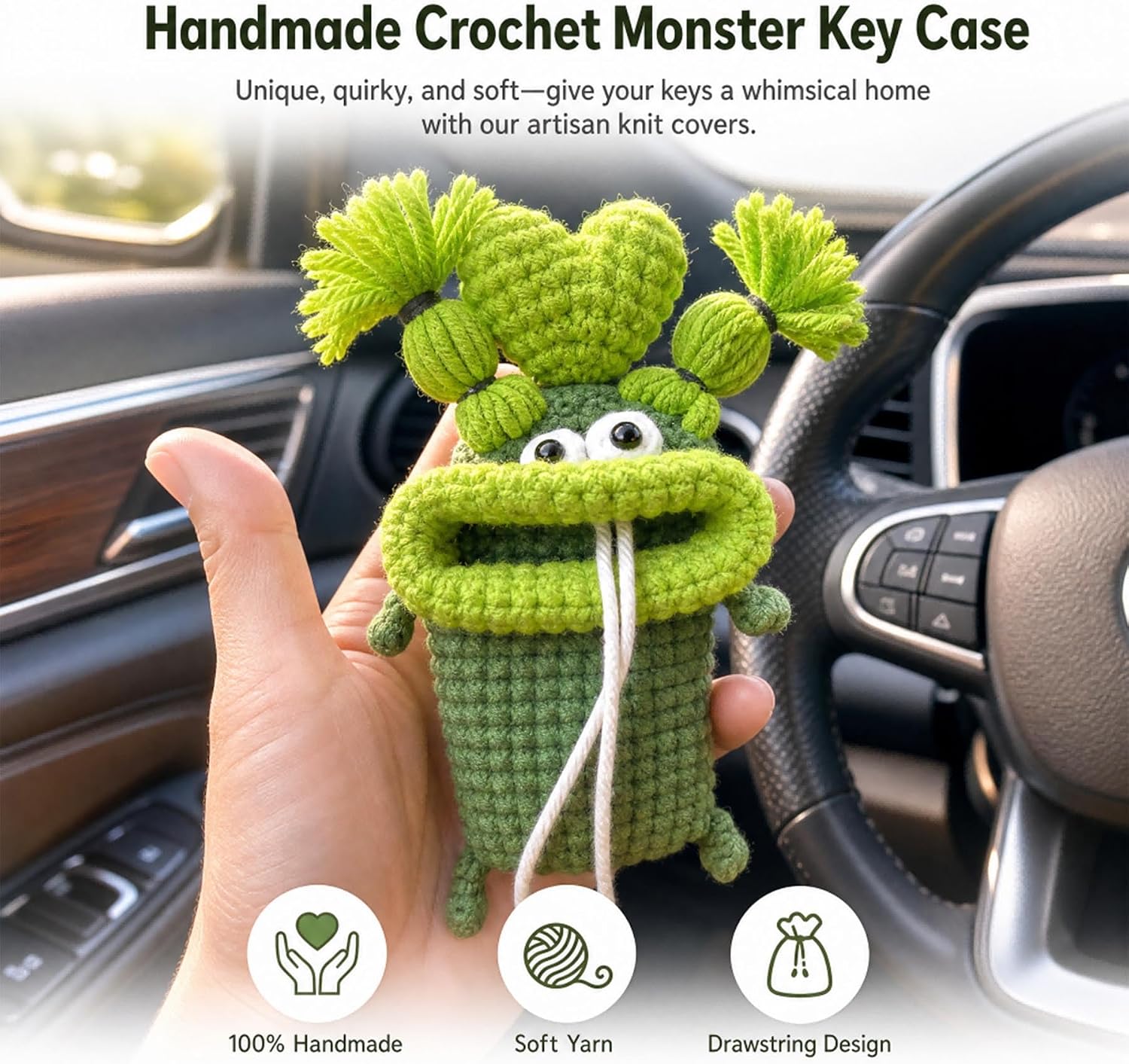 Handmade Crochet Monster Key Case - Cute Knit Sausage Mouth Car Cover, Personalized Bag Charm & Keychain Accessory