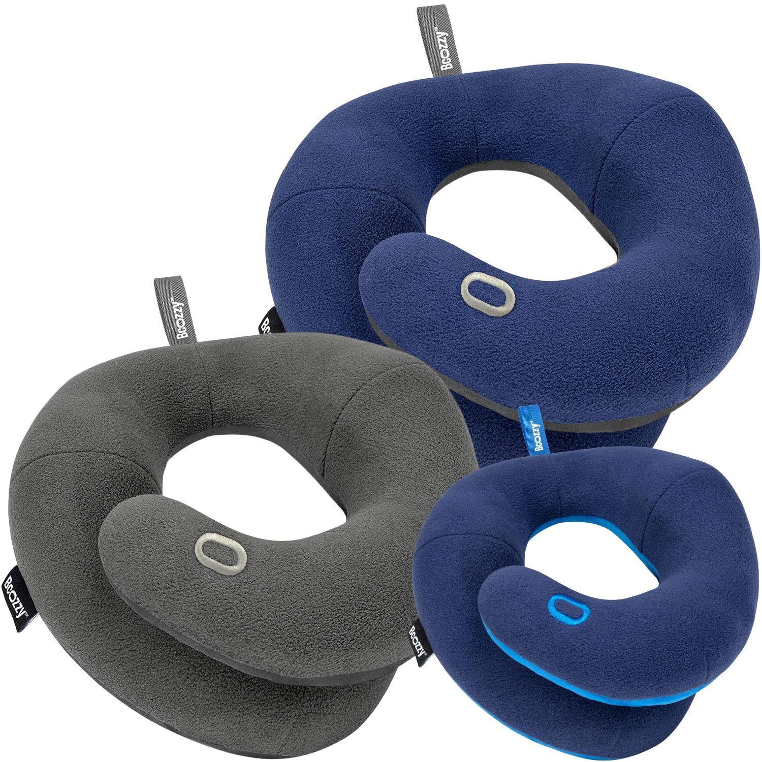 BCOZZY Almohada de Viaje Cervical Pack 3 – L Gris, L Azul Marino & M Azul Marino – Pack multitalle para Parejas y familias
