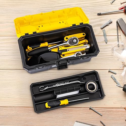 Miniatura 5 de DELI Caja de herramientas de 14 pulgadas con cerradura, organizador resistente de 2 capas con bandeja extraíble, tapa abatible para piezas pequeñas,