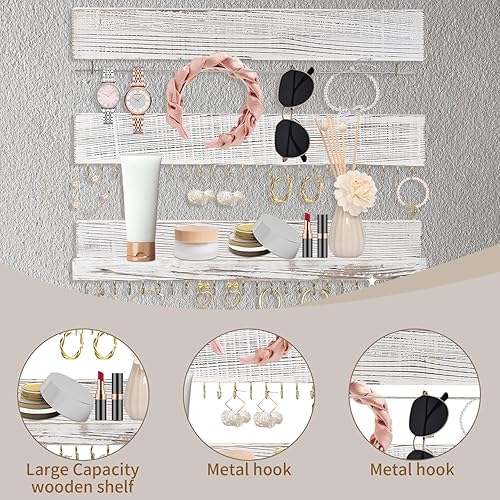 Miniatura 3 de Juego de 3 estantes colgantes para joyas, de madera, para colgar en la pared, aretes, collares, pulseras, organizador de estantes