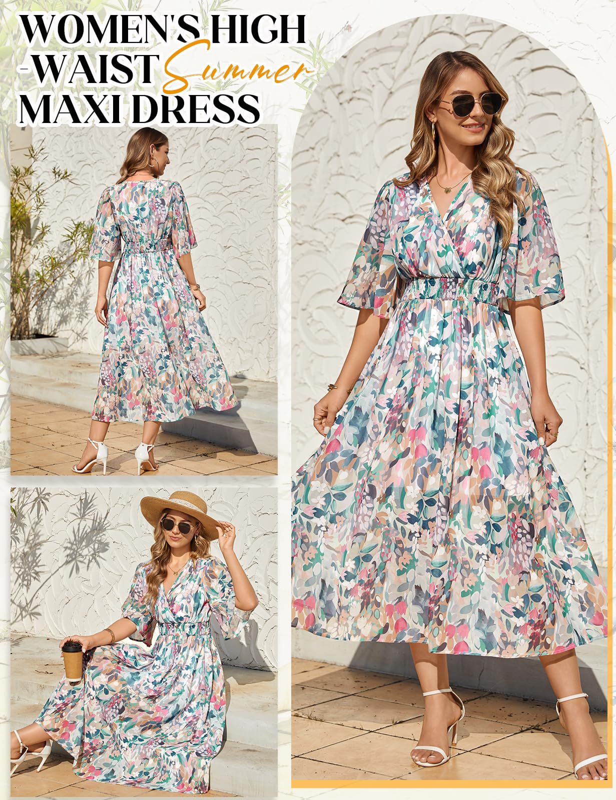 Abiti Donna Estivi Vestiti Manica Corta Vestito Lungo Elegante Scollo a V Boho Stampa Floreale Elastico a Vita Alta Abito da Mare Spiaggia Casual Cocktail Party