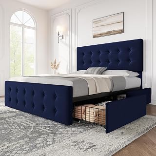 IDEALHOUSE Queen Size Bed Frame with 4 Storage Drawers and Headboard, Blue