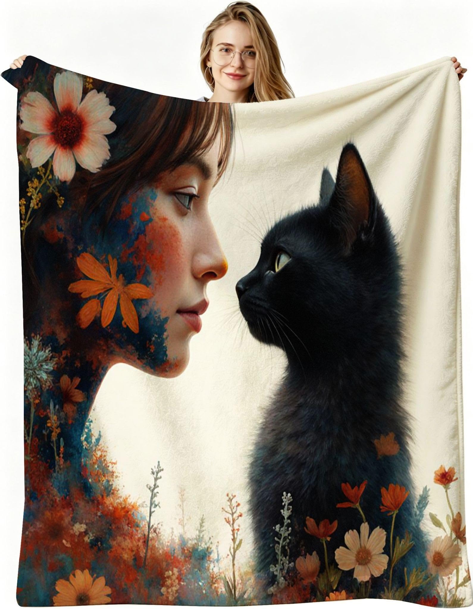 Couverture polaire chat noir 180x220 anti-plis pour lit queen size confortable