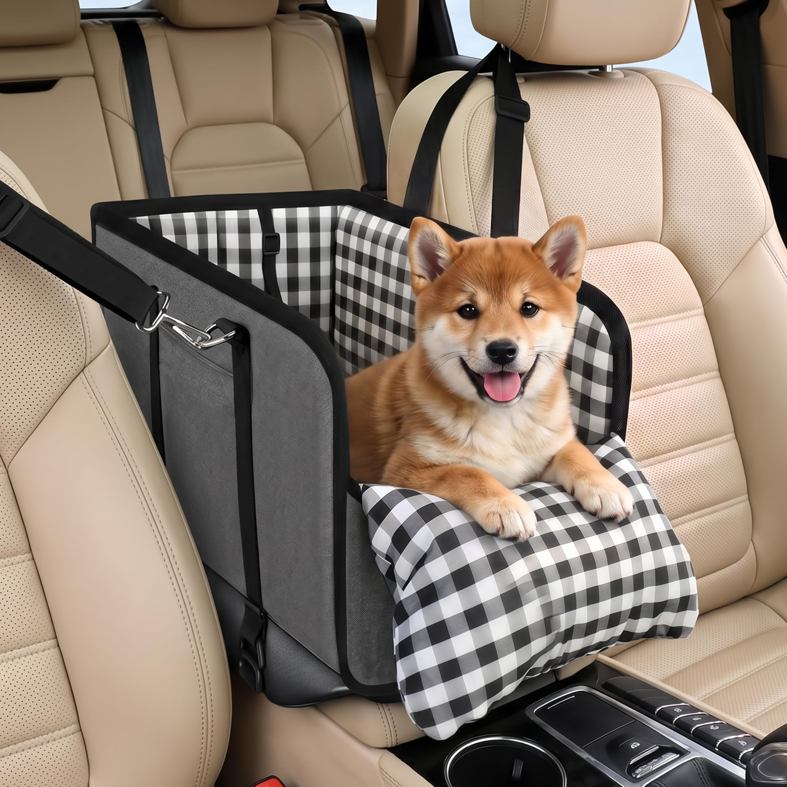 Siège de voiture pour petit chien – Console centrale imperméable pour animal domestique – Rehausseur de voiture amovible avec harnais de ceinture de sécurité – Coussin épais pour chiot et