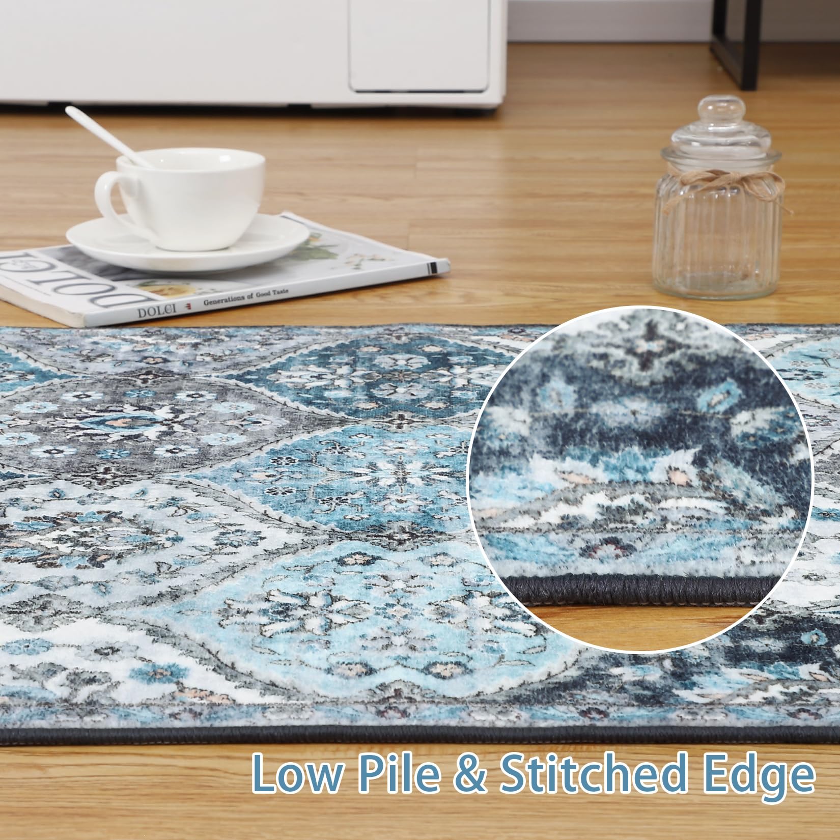 ROYHOME Washable Area Rug 2' x 3' Moroccan Trellis Entryway Rug,Blue/Grey