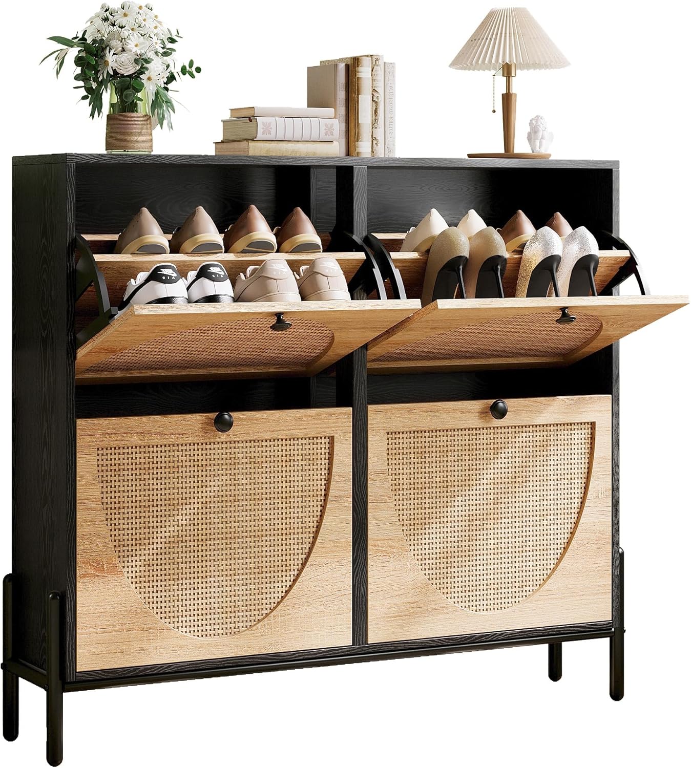 IRONCK Rattan Shoe Cabinet Storage with 4 Flip Drawers, Freestanding Shoe Storage Organizer Cabinet for Entryway, Narrow Shoe Rack Cabinet, Black 39.4 inches (W) x 34.7 inches (H) x 9.3 inches (D) Black