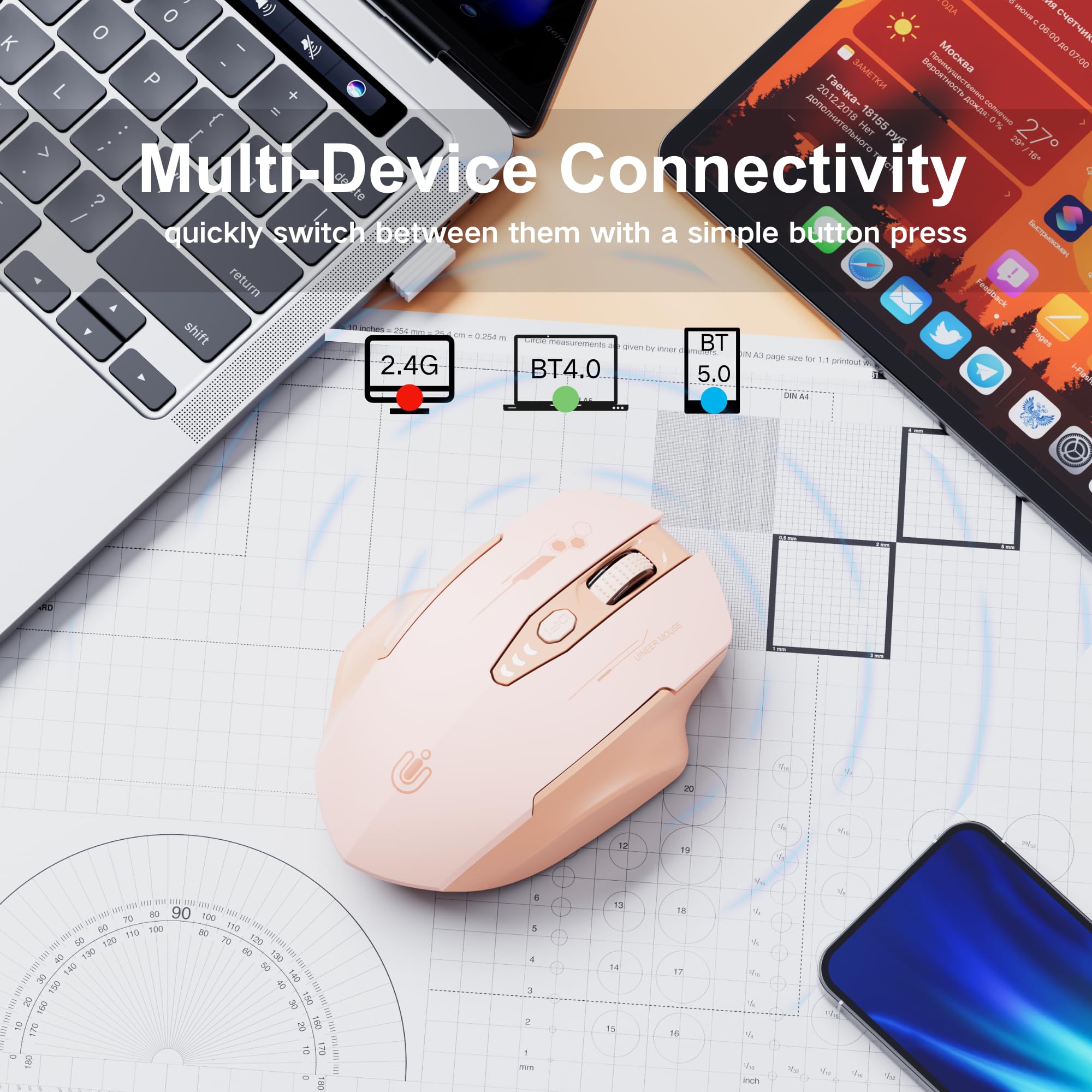 Uineer mouse wireless, [Aggiornato] mouse bluetooth multi-dispositivo, Livello batteria visibile, Tri-mode (BT 5.0/4.0+2.4G Hz) Mouse ergonomico ricaricabile, 4 DPI regolabili, mouse senza fili
