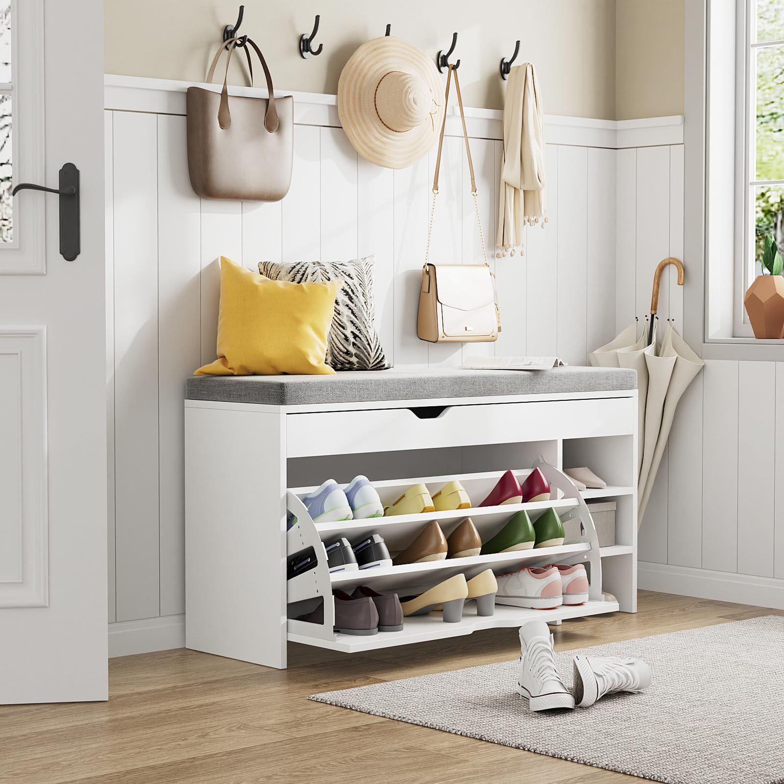 VOWNER Scarpiera Salvaspazio, Scarpiera Ingresso Slim, Panca da Ingresso, Regolabili, Con Scomparti, 100 x 30 x 55 cm, Bianco