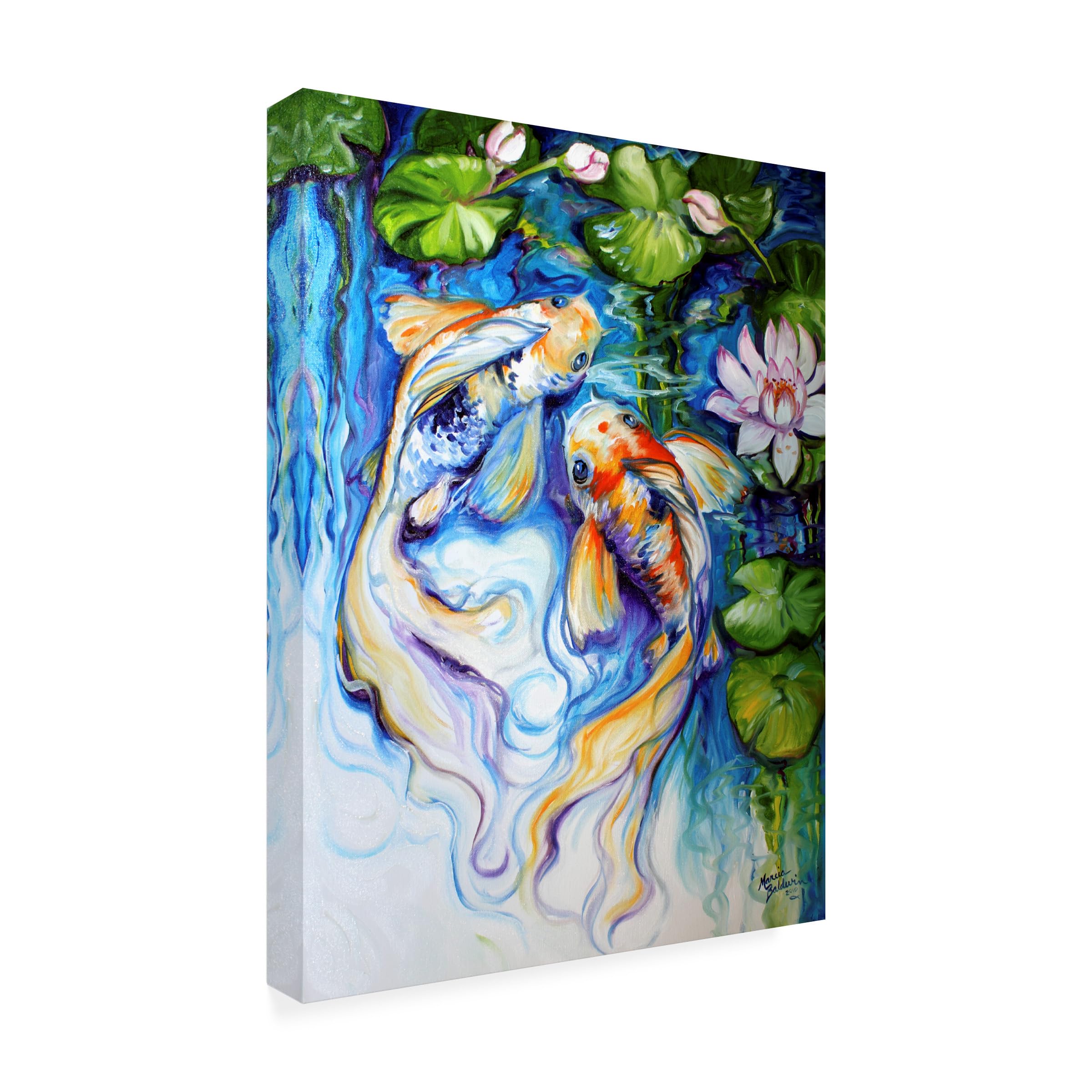 Wrapped Canvas Wall Art - Marcia Baldwin 'Koi Koi and Lily' Wall Art for Living Room, Bedroom, or Office Décor - 14x19