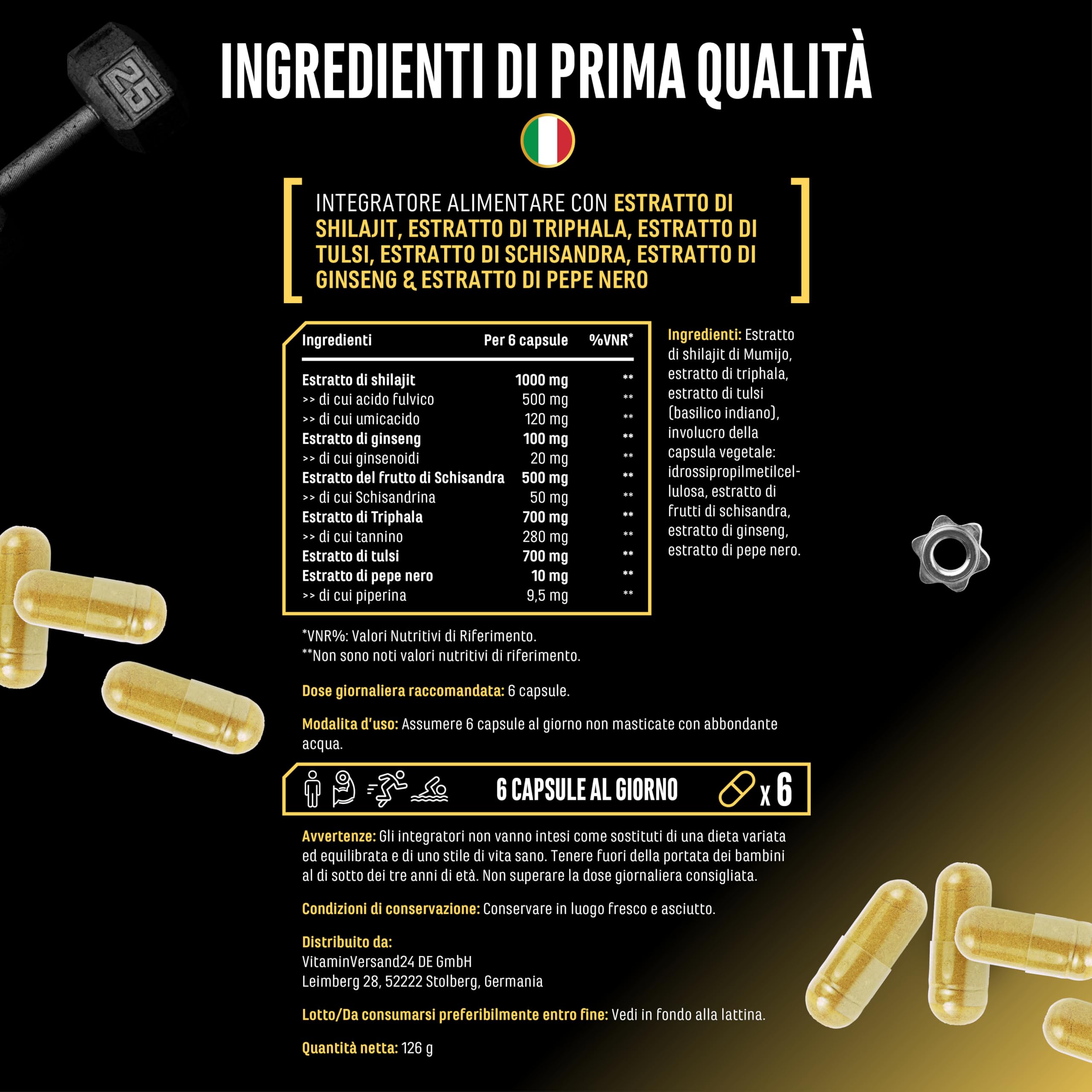 Shilajit Complex - 180 capsule - Altamente dosato con 3010 mg per dose giornaliera - Con ginseng, schisandra, triphala, estratto di tulsi, 50% di acido fulvico e 12% di acido umico - Vegano