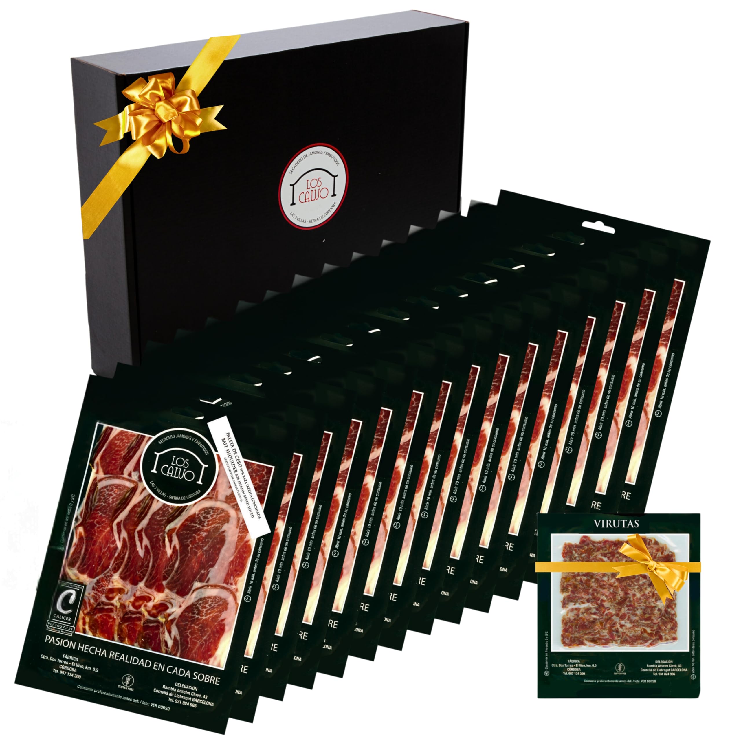Jamon LOS CALVO Lote Loncheado Paleta Iberica de Cerdo Pata Negra | Maletín Paletilla 12 Sobres 960Gr + 200Gr Virutas y Tacos del Jamón Deshuesado de Regalo Embutidos Gourmet España 50% Ibérico