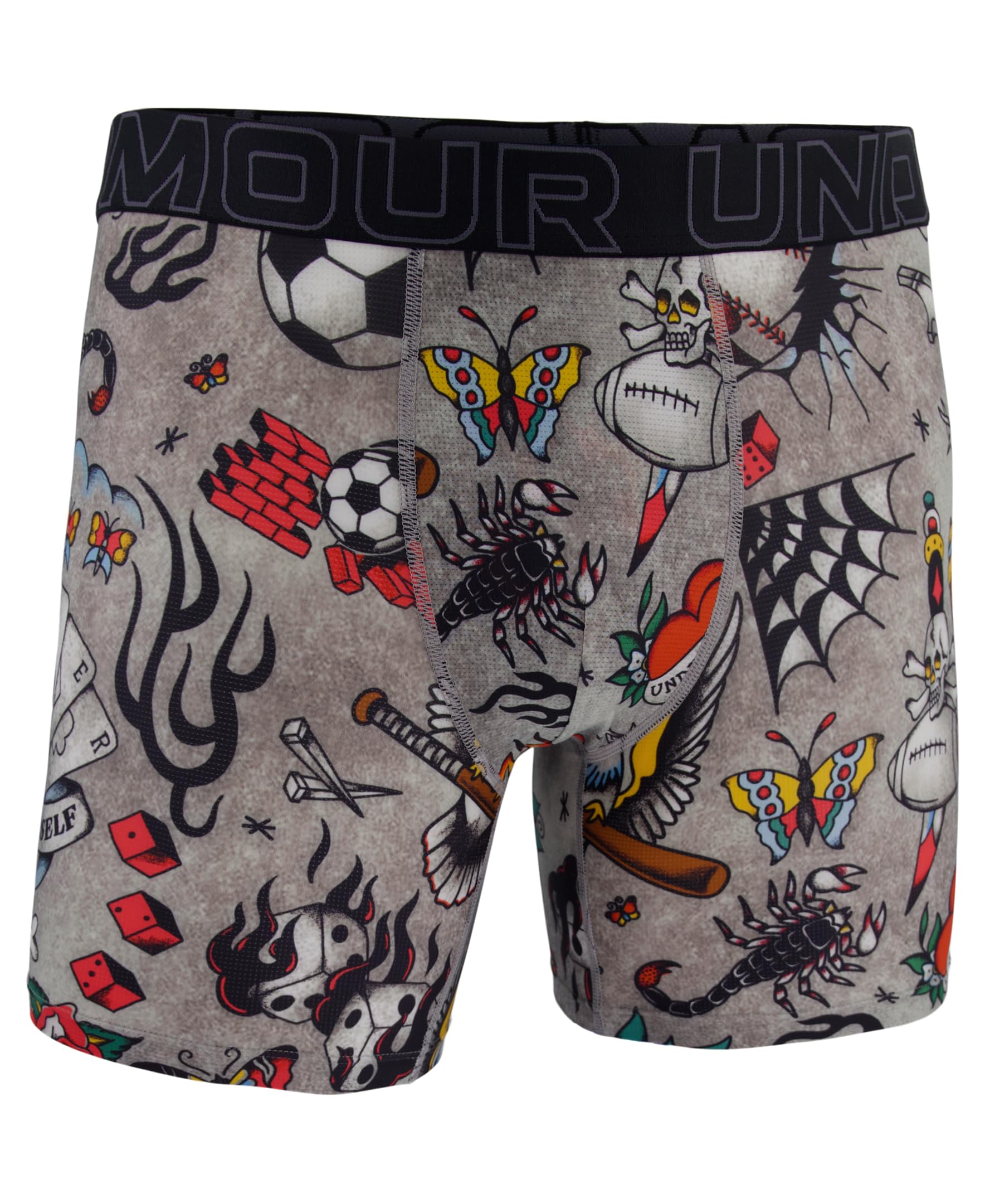 Under Armour Men's Performance Tech Mesh Print Singles, 6" Inseam Boxer Brief, Black/Grey, M