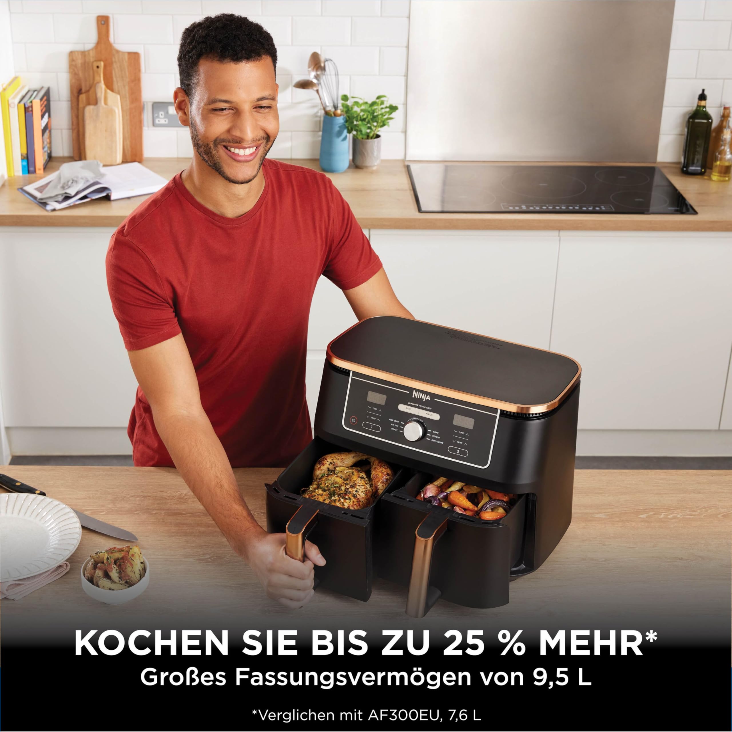 Ninja Foodi MAX Dual Zone Heißluftfritteuse 9,5L Airfryer 2 Fächer Antihaftbeschichtung spülmaschinenfeste Körbe 6-in-1 Kupfer/Schwarz AF400EUCP