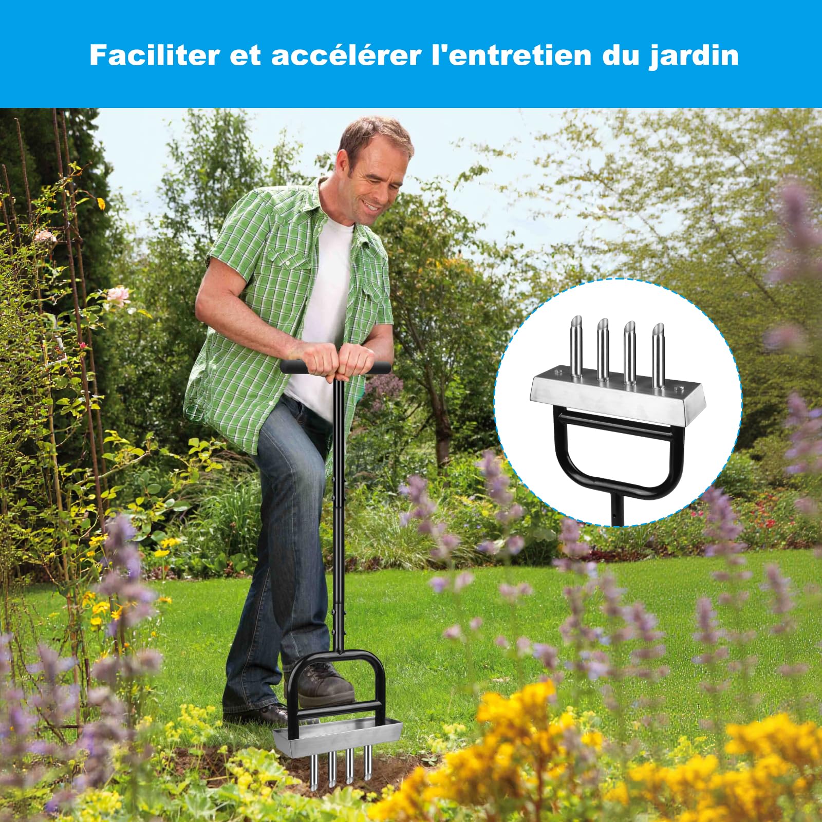 Aérateur de pelouse à 4 trous avec plaque de rangement - Acier au carbone revêtu par pulvérisation + aiguilles creuses en acier inoxydable - Effet levier - Ameublement du sol pour le jardin et