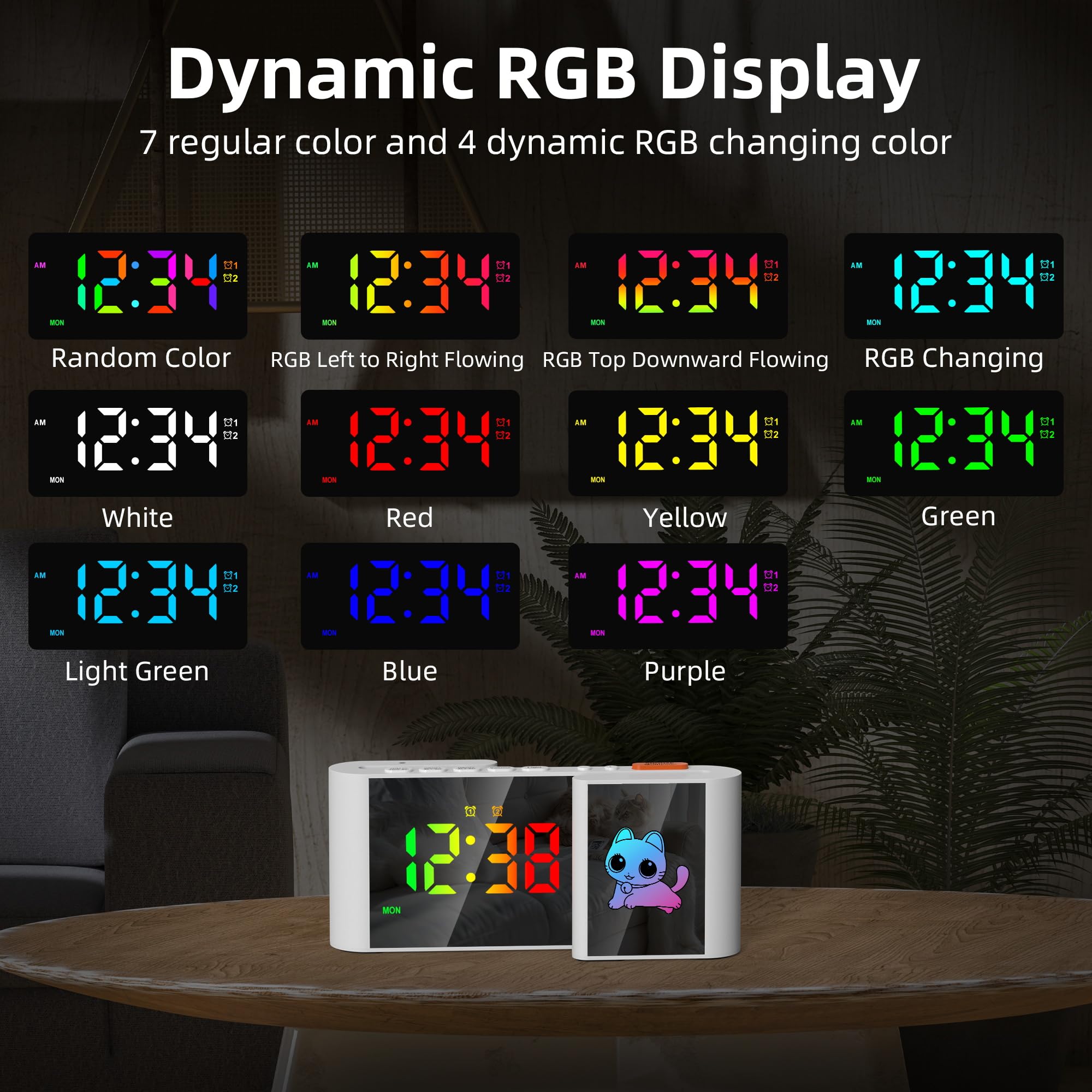 Sveglia RGB per Bambini - Schermo RGB con Luce Notturna a Disegno Animato - Doppia Allarme - Funzione Snooze - Regolatore di Volume - Visualizzazione della Settimana - Gatto Bianco