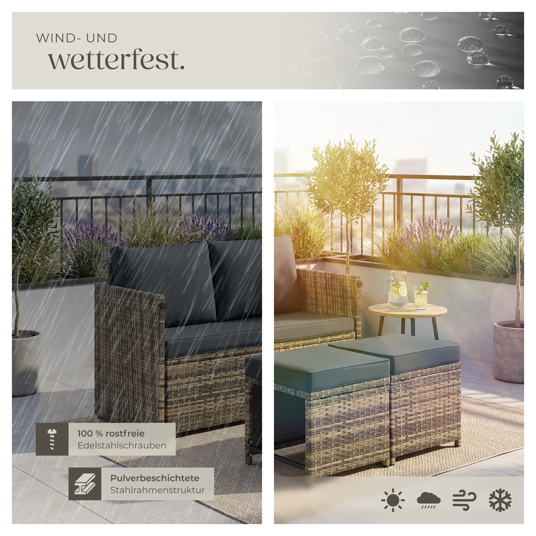 tectake® 2in1 Rattanlounge für 4 Personen, Set mit Tisch mit Schraubfüßen, Tischoberfläche in Holzoptik, Polyrattan Gartenmöbel, als Gartensofa oder Sitzgruppe, Terrassenmöbel, Outdoor Lounge – Natur