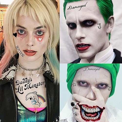 Miniatura 6 de GOROMON 6 hojas de calcomanías 3D de Joker tatuajes, tatuajes temporales de Joker dañados de Halloween para mujeres, hombres y adultos, kit de