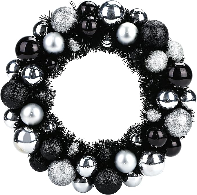 HAKACC Black Christmas Decorations Ball Wreath, 13 Inch Black and Silver Ornament Wreath for Front Door Window Wall Outdoor Party Decor, Gothic Holiday Decor