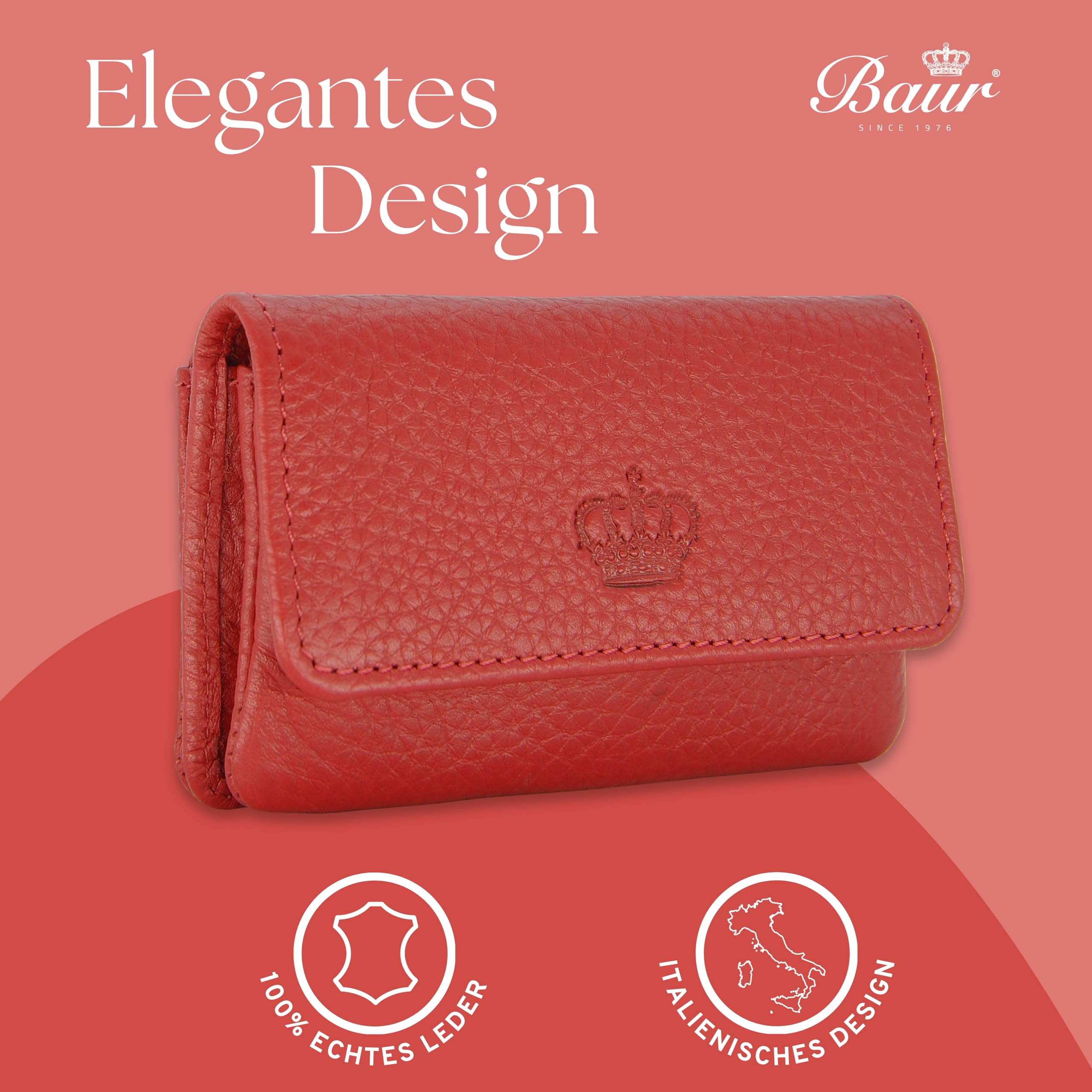 Baur Étui à clés Femme en Cuir véritable – Porte-clés avec Anneau métallique et Fermeture à Pression – Petit Porte-Monnaie zippé pour Billets, pièces et Cartes (Rouge)