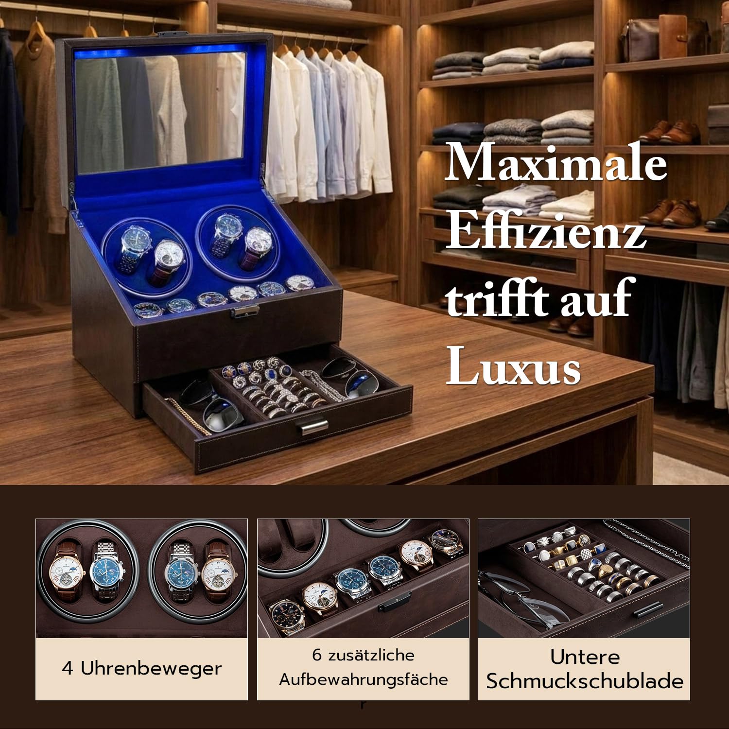 Mcbazel Automatik Uhrenbeweger für 4 Uhren, Leiser Uhrendreher mit 6 Speicherplätzeaus PU Leder mit LED Beleuchtung, Automatikuhren Box mit Schmuckaufbewahrung (Braun)
