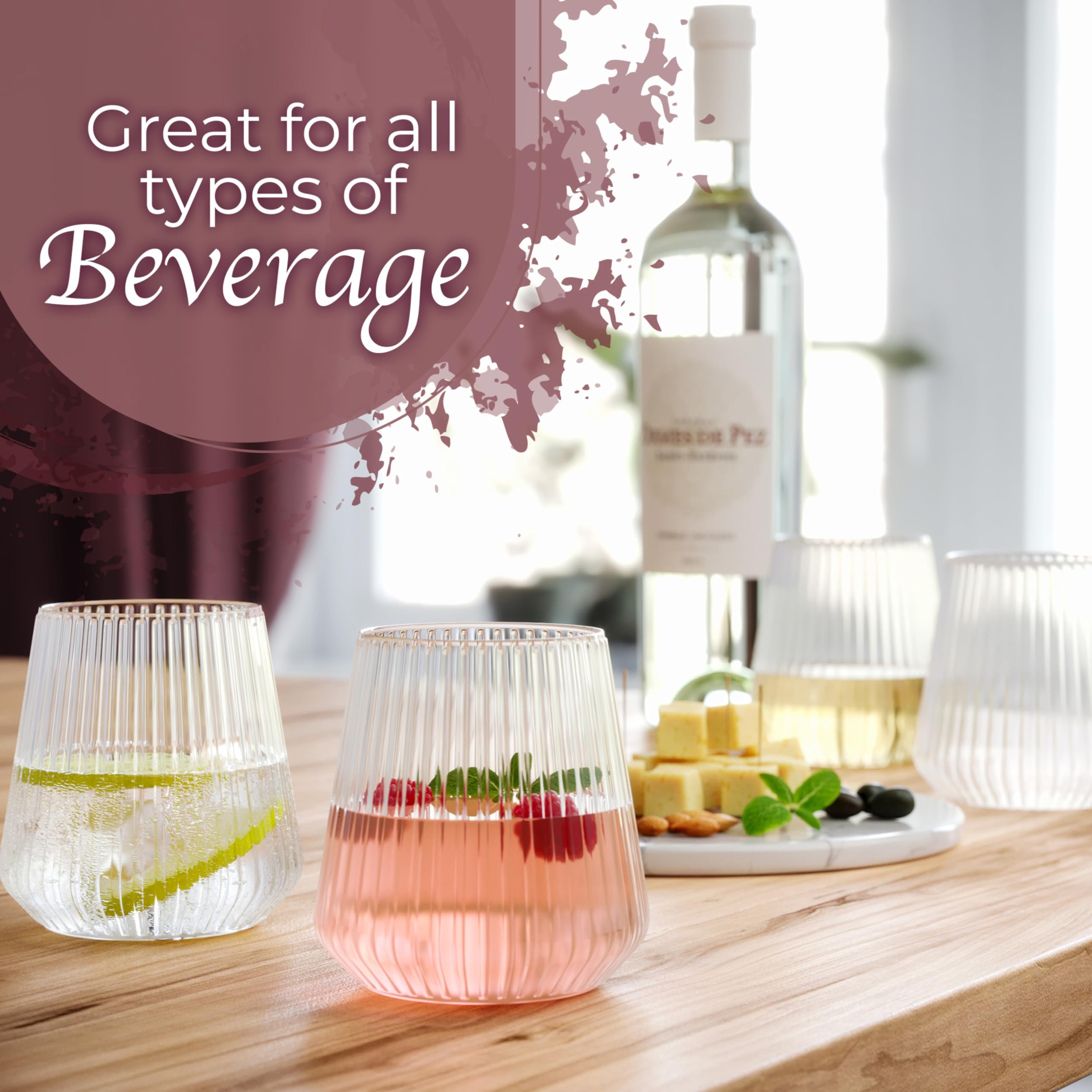 Exquisite Einweg-Weingläser ohne Stiel, unzerbrechlich, ohne Stiel, 340 ml, gerippte Kunststoffbecher, wiederverwendbar, transparent, Partybecher, Einweg-Cocktailglas für Hochzeiten und