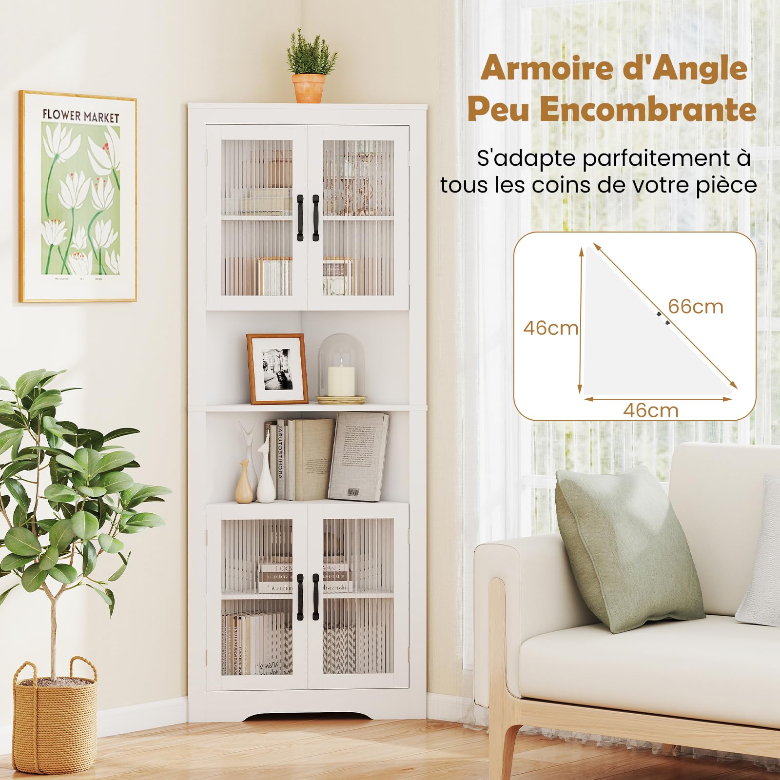GOPLUS Armoire d'Angle de 171 CM de Haut,Meuble de Rangement à 6 Niveaux avec 4 Portes en Verre, Étagères Réglables sur 3 Niveaux, Charge 60KGpour Salle de Bain, Salon, Cuisine, 66 x 35 x 171 cm Blanc