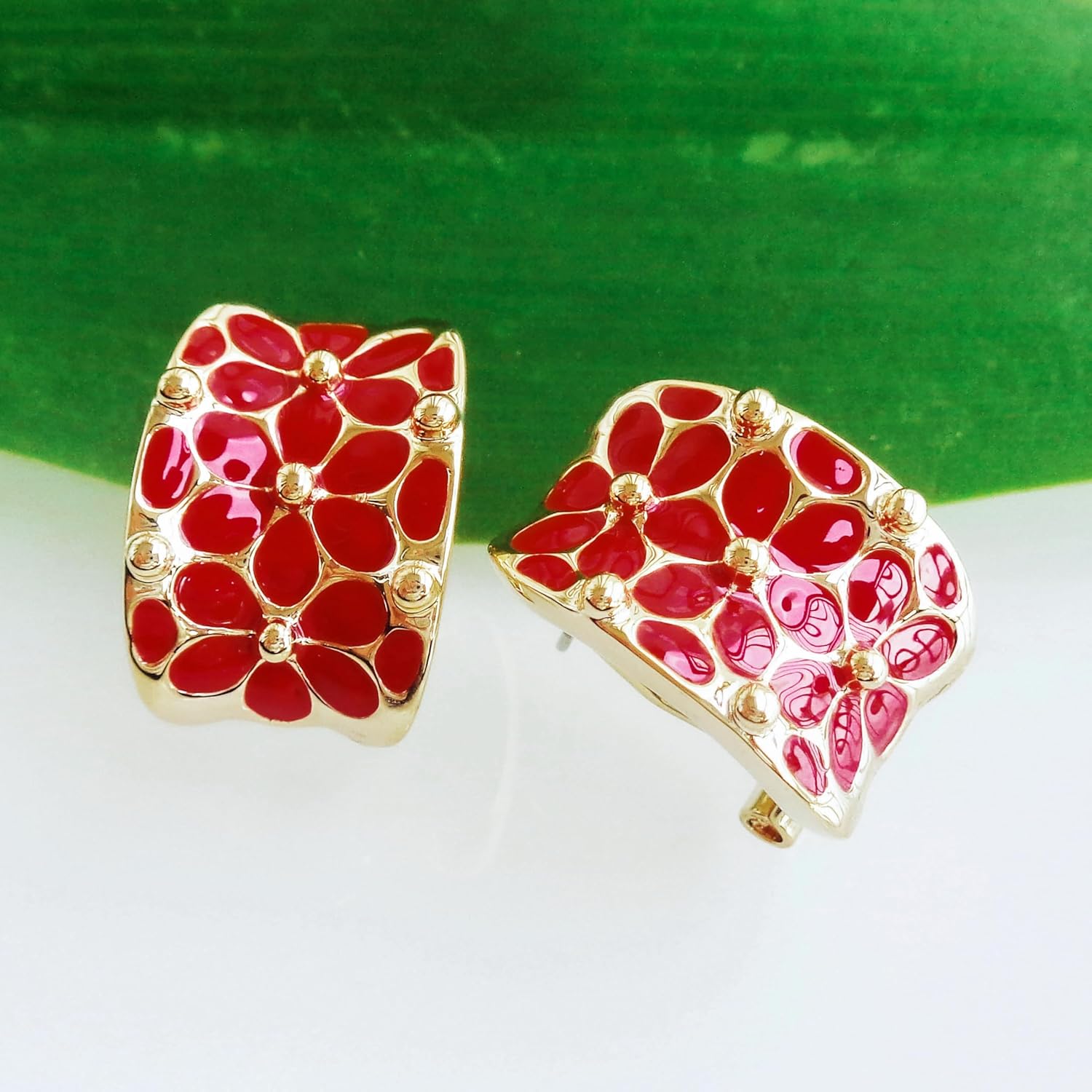 Navachi 18k Gold Plated Square Rainbow Colorful Enamel Leaves Flower Omega Back Earrings - Image 3