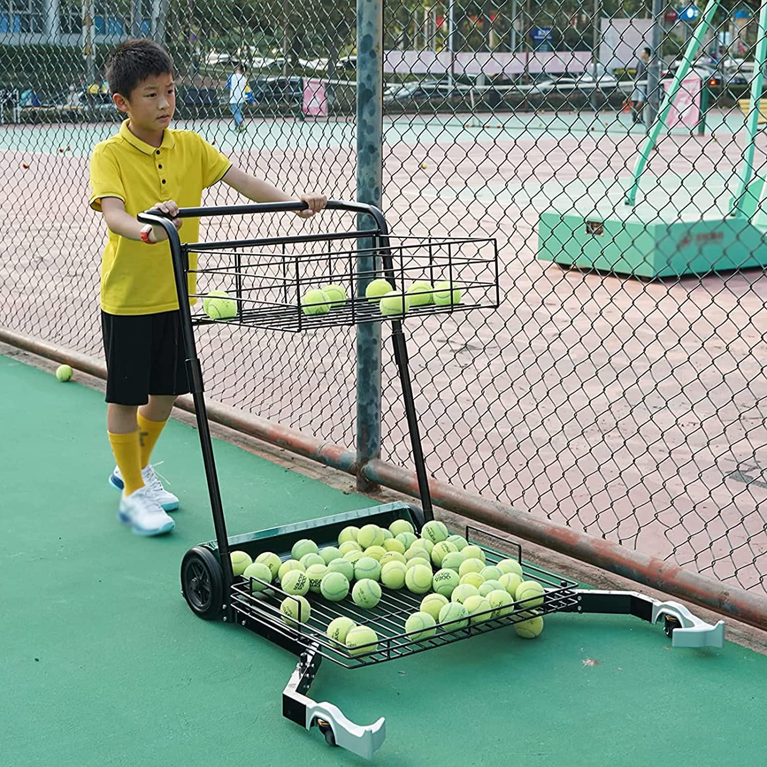 Carrello per la raccolta di palline da tennis, carrello per l'allenamento con raccolta facile di palline, carrello per l'insegnamento, raccoglie 80 palline alla volta, può contenere fino a 170 palli